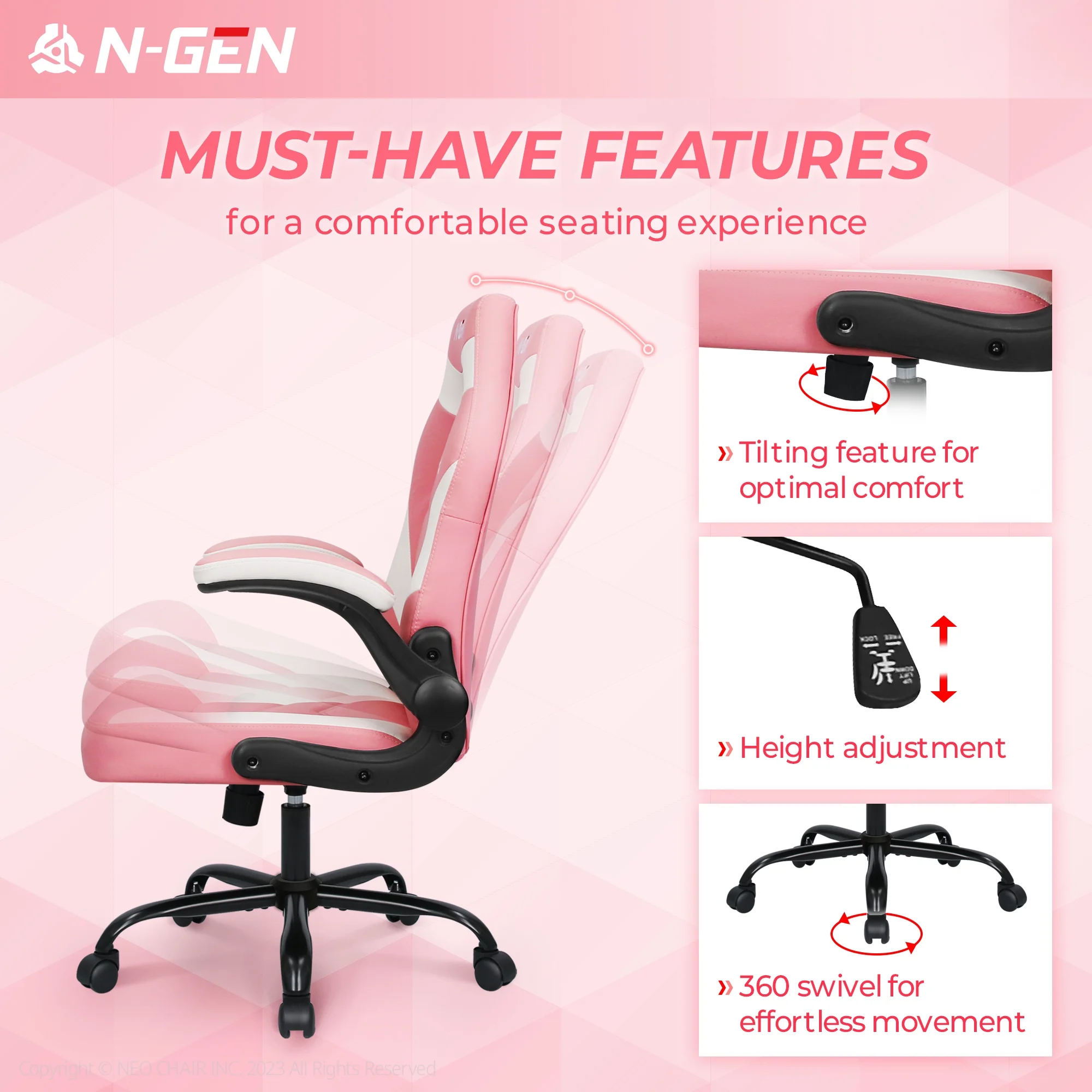 N-GEN Red Gaming Chair, Flip-up Armrest Computer Chair Ergonomic Office Chair PU Leather Desk Chair Executive Adjustable Swivel Task Chair