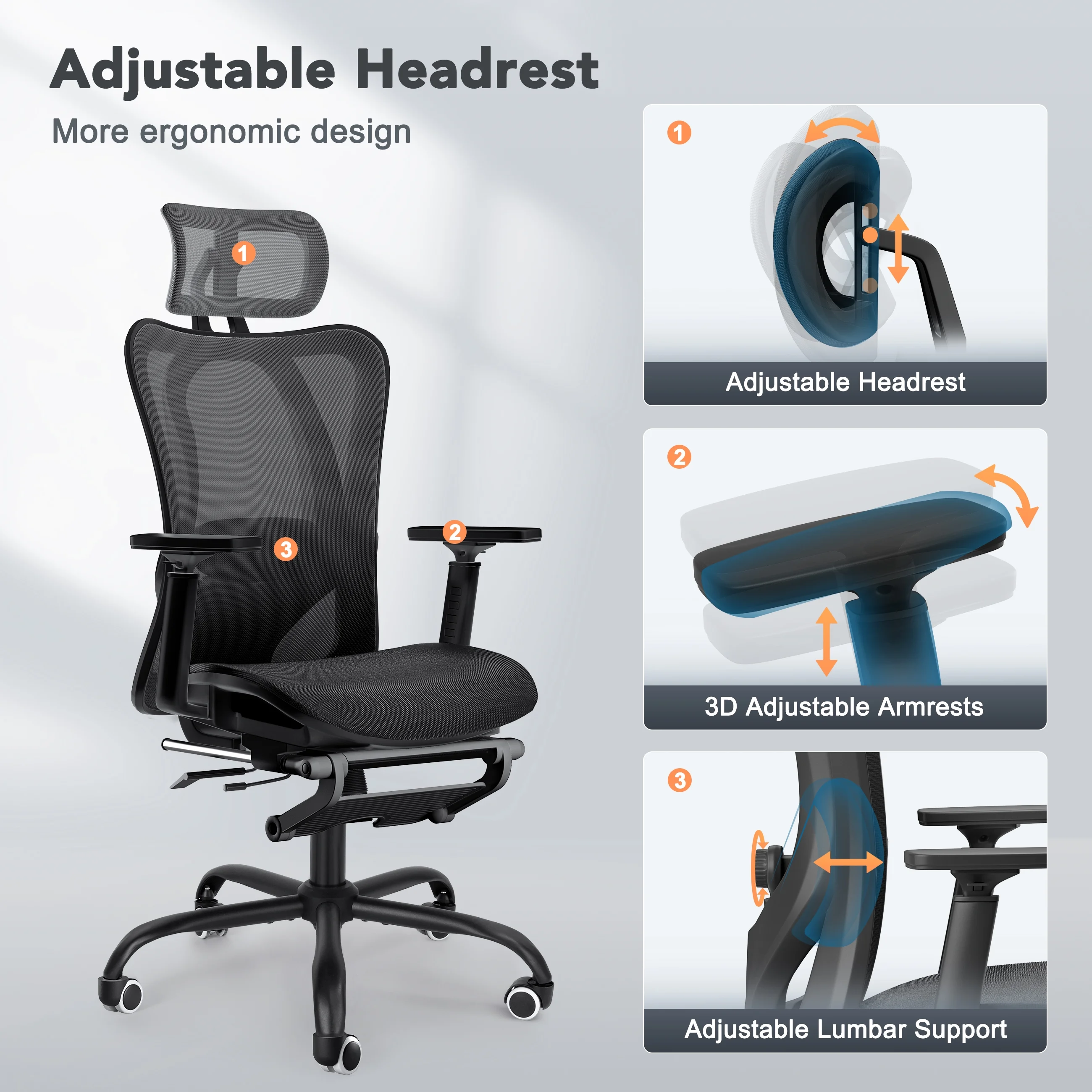 EVMORE Ergonomic Office Chair, Computer Desk Chair with Lumbar Support, Adjustable Headrest, and Breathable Mesh Back - 400 lbs Capacity, Black(with Footrest/3D Armrest)