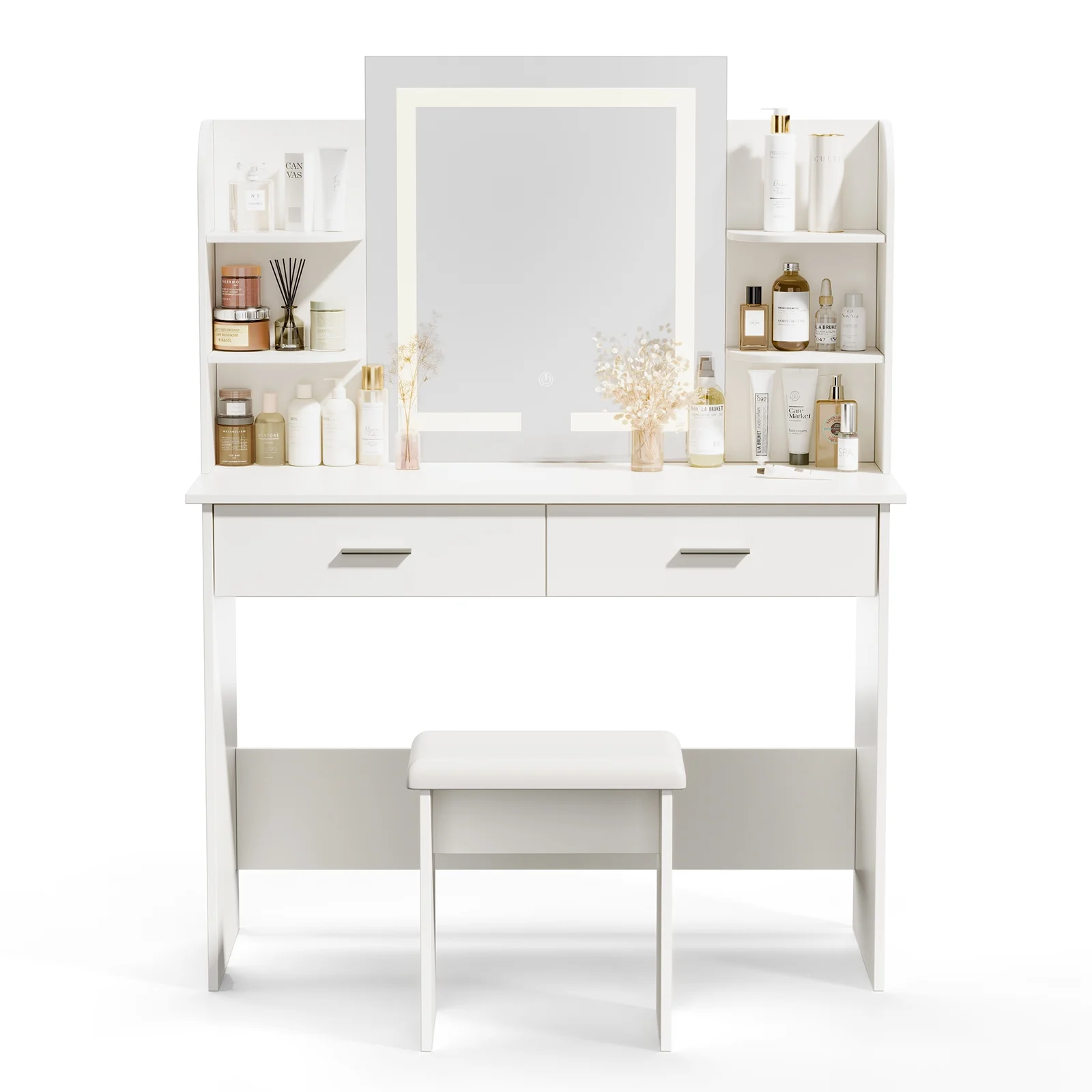 Vanity Desk with Chair, White Makeup Desk Set with Mirror & LED Lights, Vanity Table with Power Strip, 2 Drawers, 4 Shelves