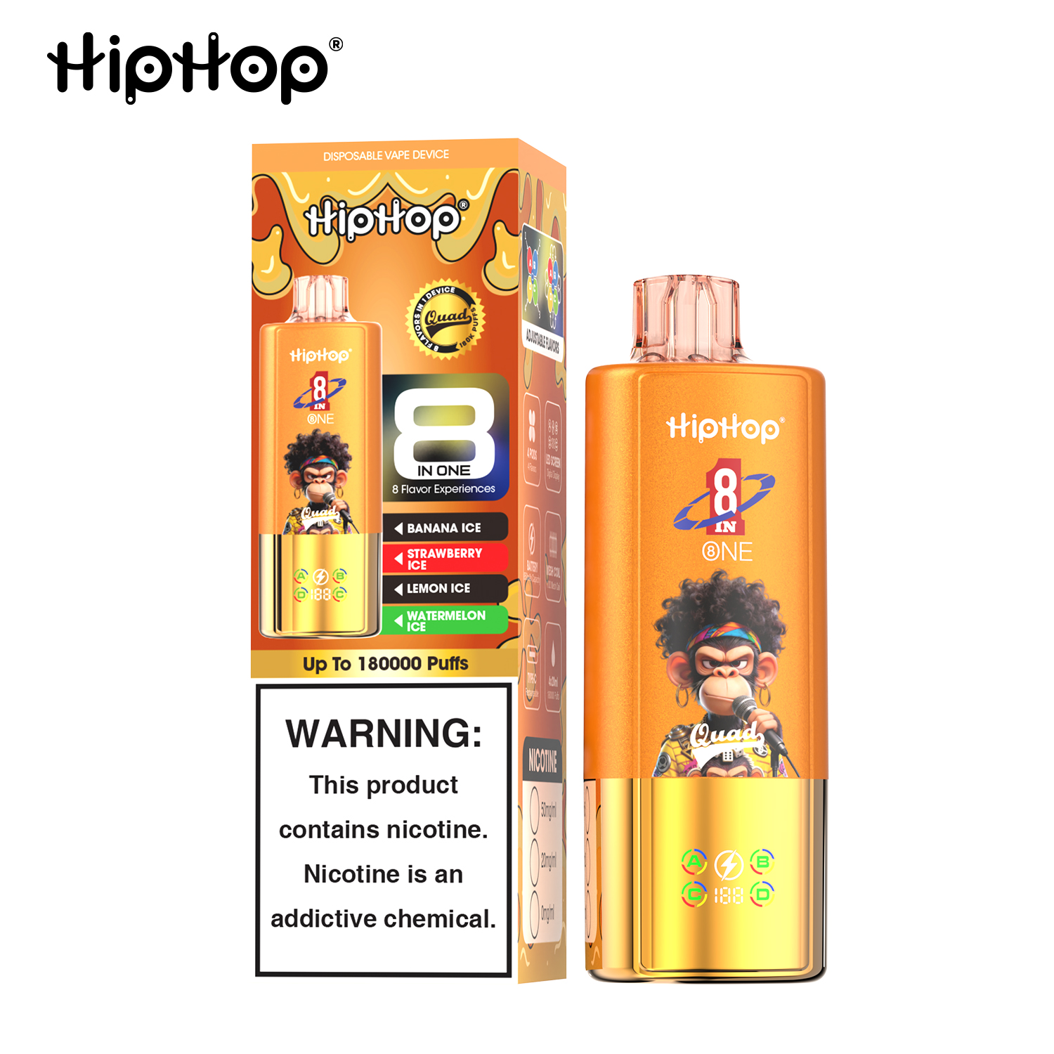 BANG x HipHop 180 000 potahů | E-cigareta 8v1 (Quad-Pod) s LED displejem