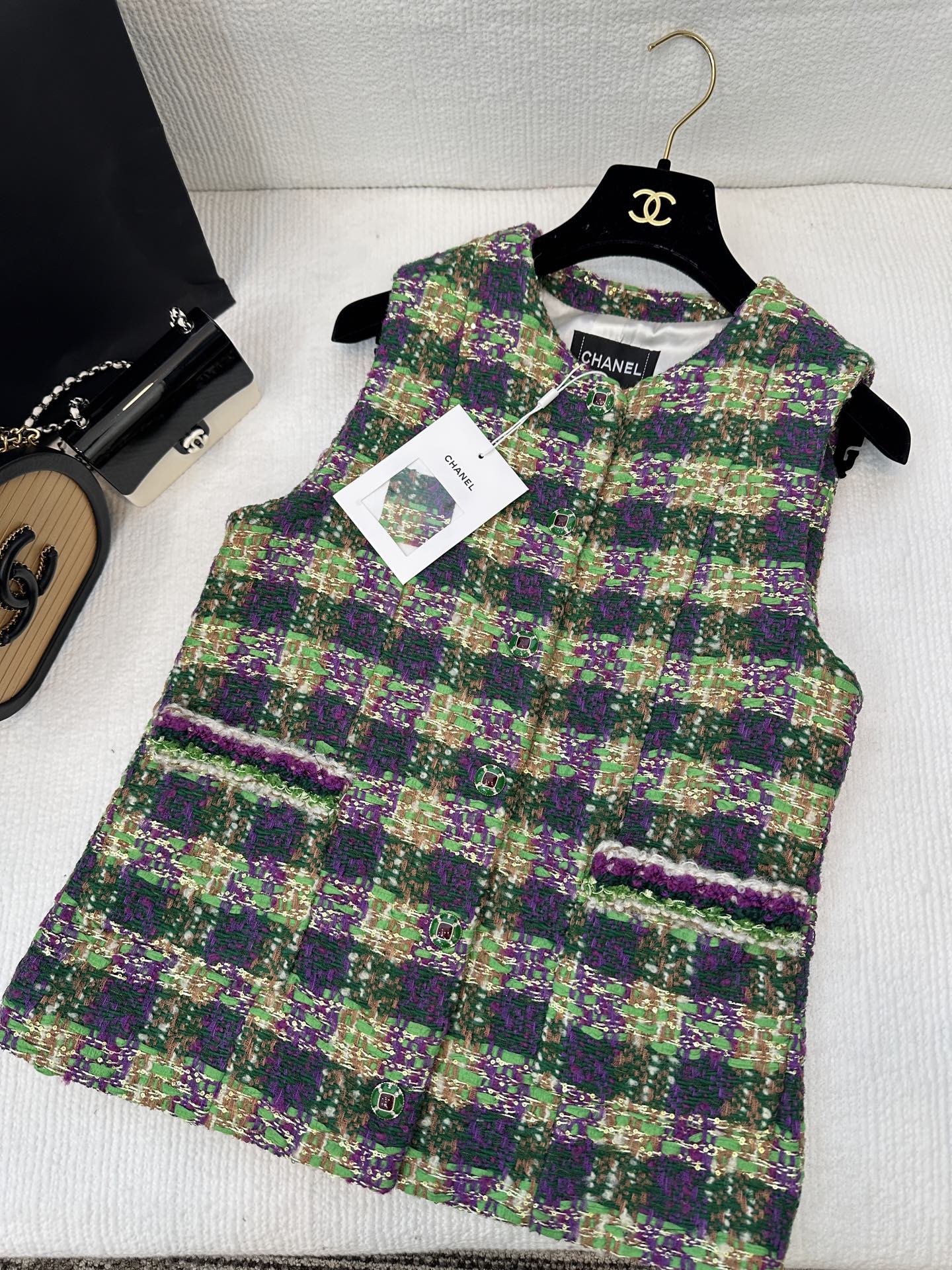 25N Autumn/Winter Ski Collection Purple and Green Color-Blocked Plaid Tweed Jacket