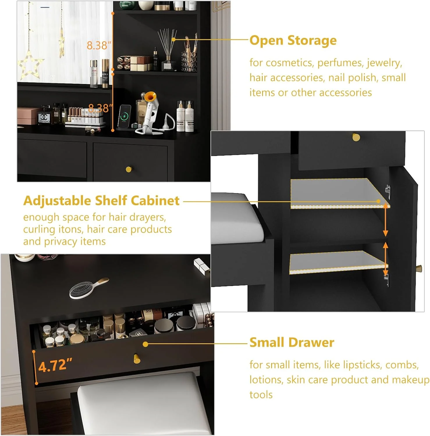 ChVans White Vanity Desk with Lighted Mirror & Charging Station, Vanity Table Set w/3 Storage Shelves,2 Drawers,Storage Cabinet & Makeup Vanity Cushioned Stool(White-37