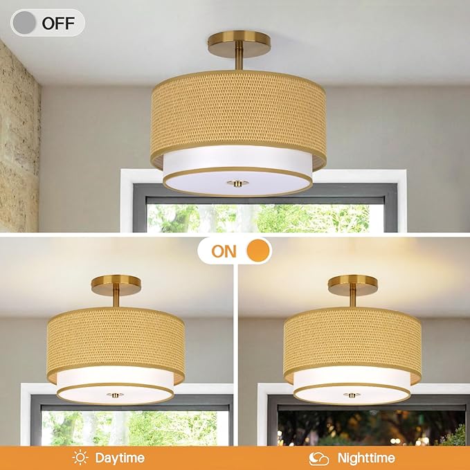 MELLOWWLITE Boho Light Fixtures Woven Rattan-Style Flush Mount Ceiling Light
