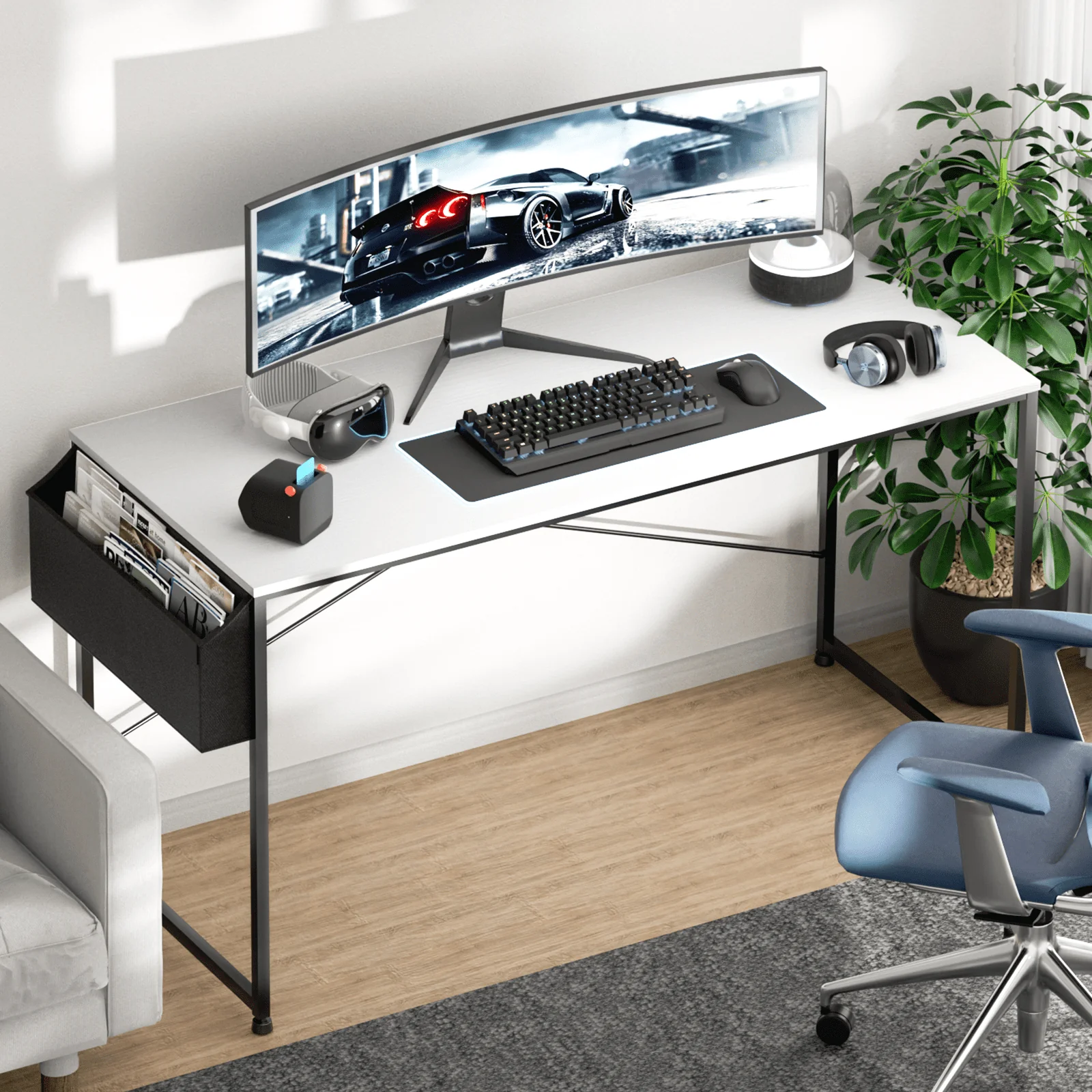 Magshion Computer Desk 55 Inches with Storage Bag, Student Study Writing Table for Office, White