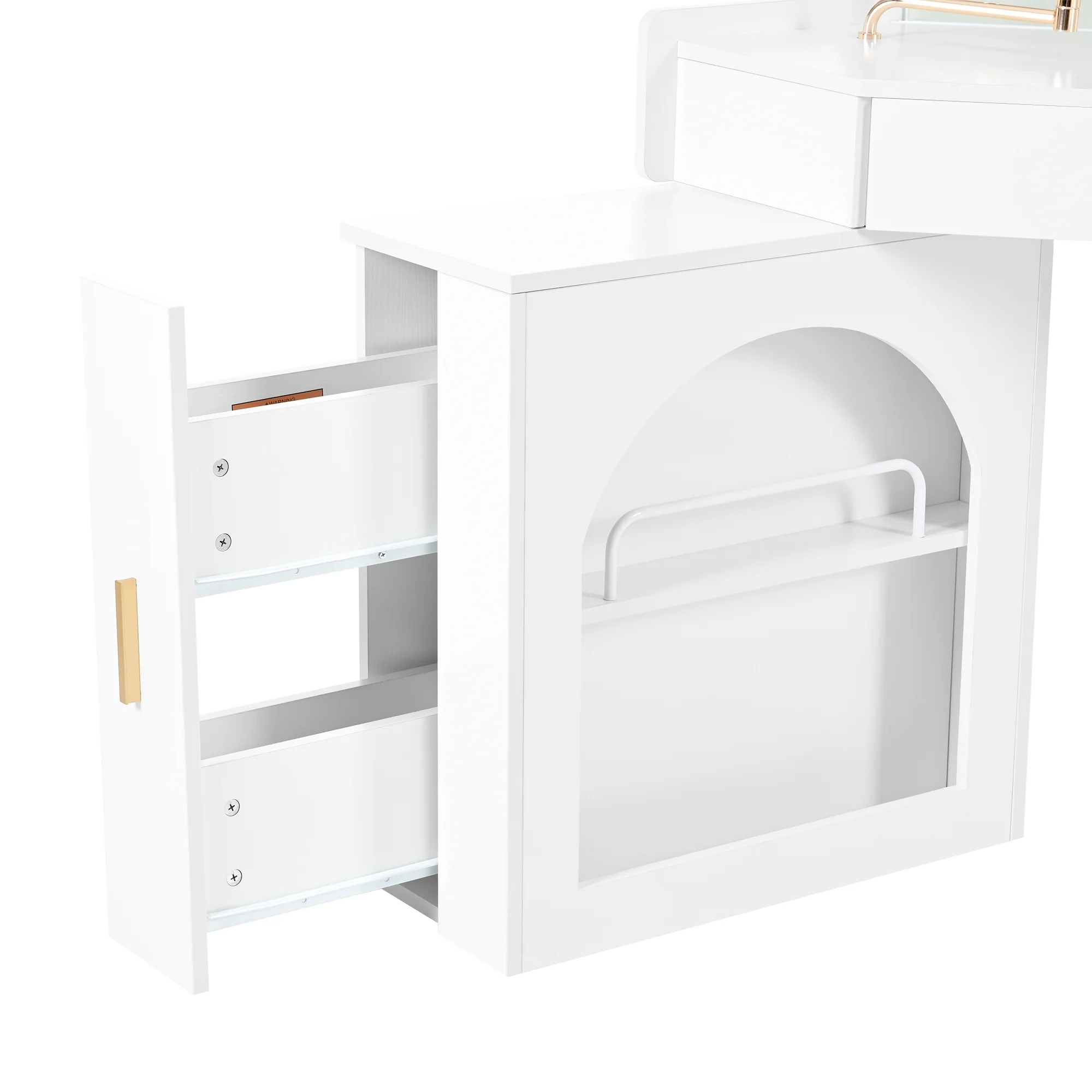 MODERNLUXE Corner Makeup Vanity Desk with Folding Mirror and Lights,Modern Vanity Set with 1 Stool,2 Drawers and 3 Shelves for Bedroom,Women, and Girls,Walnut