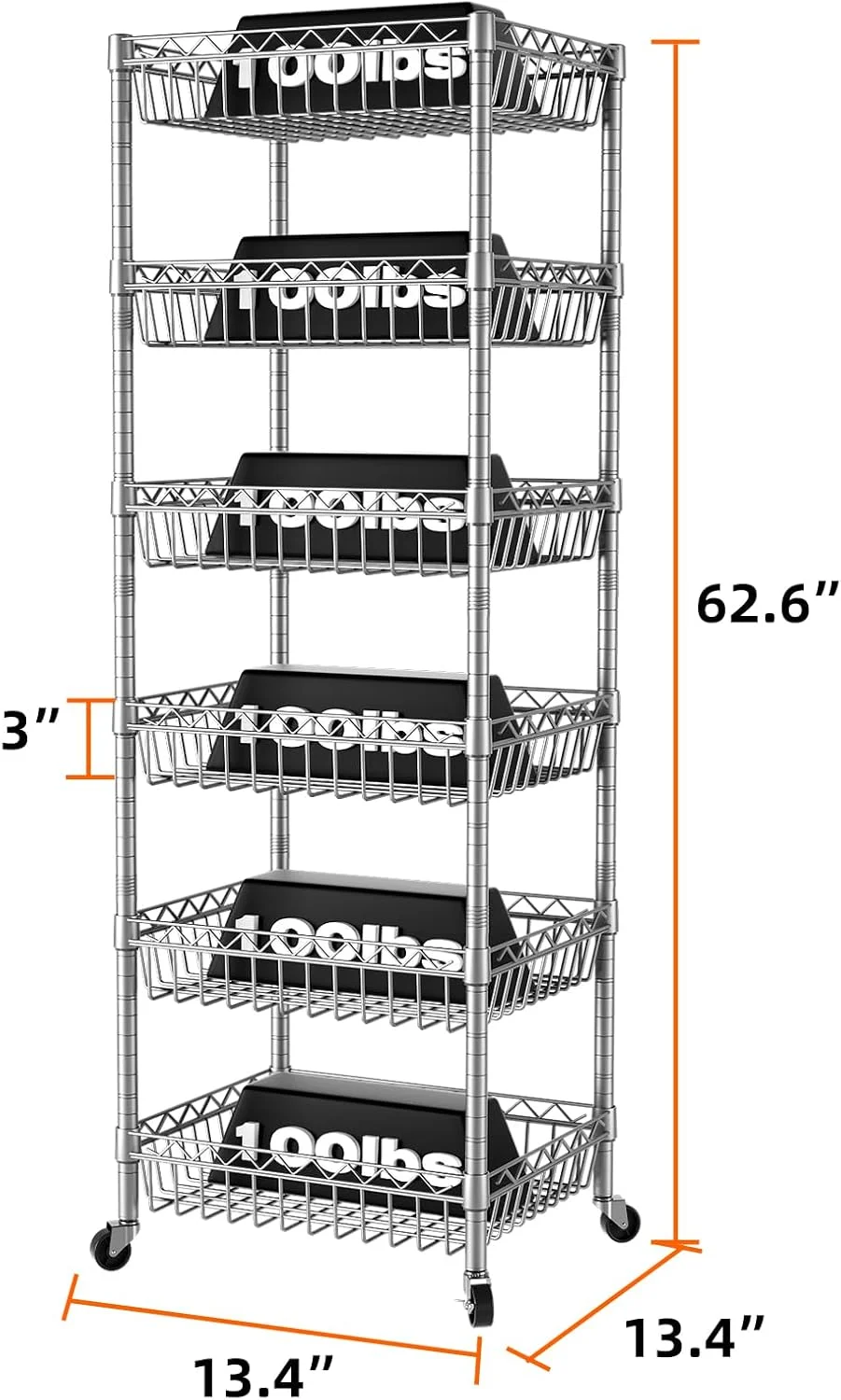 6 Tier Wire Shelving Unit with Wheels Baskets Storage Rack Corner Shelves Adjustable Shelf Closet Bathroom Organizers Metal Pantry Kitchen Garage Laundry Room 13.5