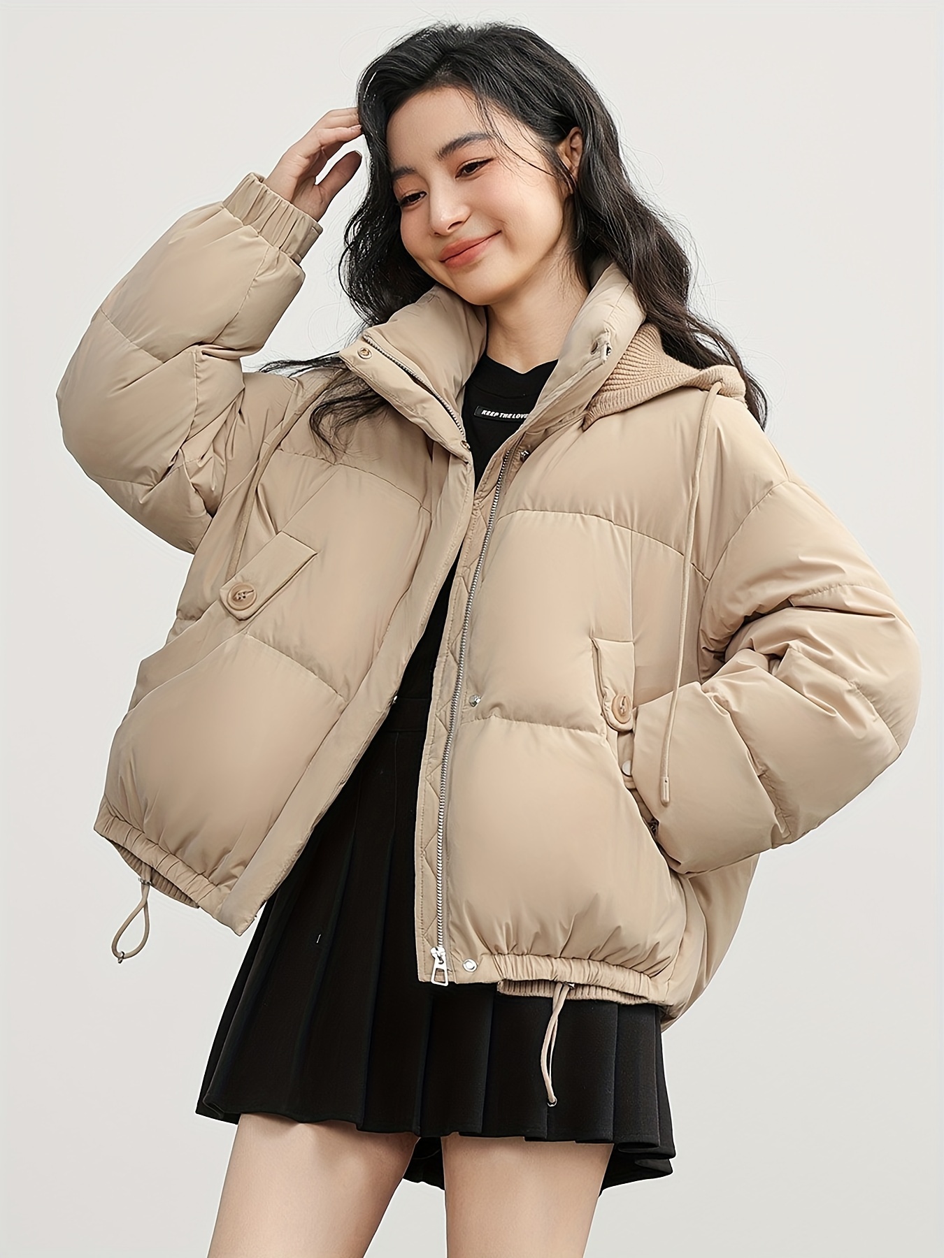 Women’s Casual Solid Color Hooded Puffer Jacket, Winter White Duck Down Filled Coat with Zipper Placket