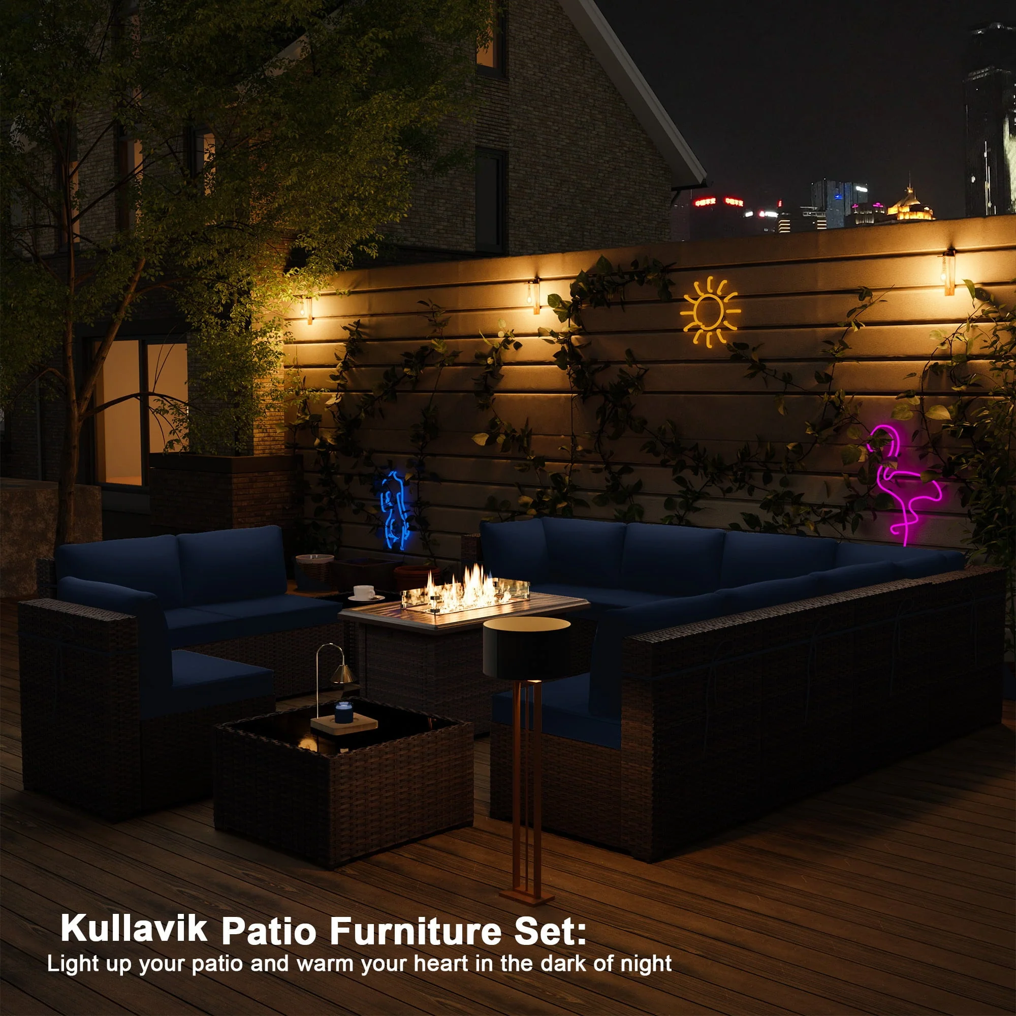 Kullavik Outdoor Patio Furniture Set with Gas Fire Pit Table, 13 Pieces Outdoor Furniture Set Patio Sectional Sofa w/43in Propane Fire Pit, PE Wicker Rattan Patio Conversation Sets,Navy Blue