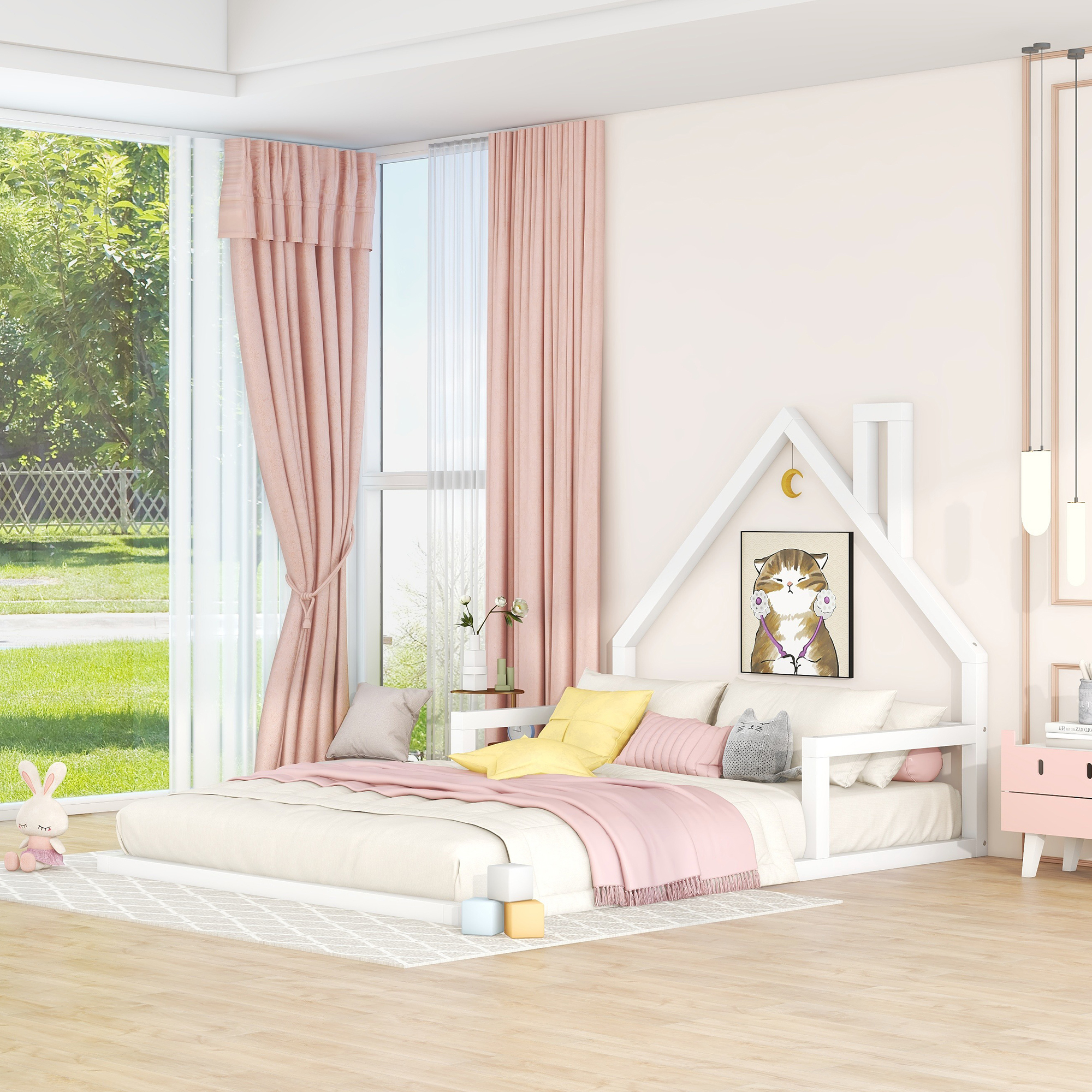 Leumius Full Size Floor Bed with House-Shaped Headboard,Montessori Bed Low Floor Bed Frame with Slats for Boys Girls,No Box Spring Needed,White
