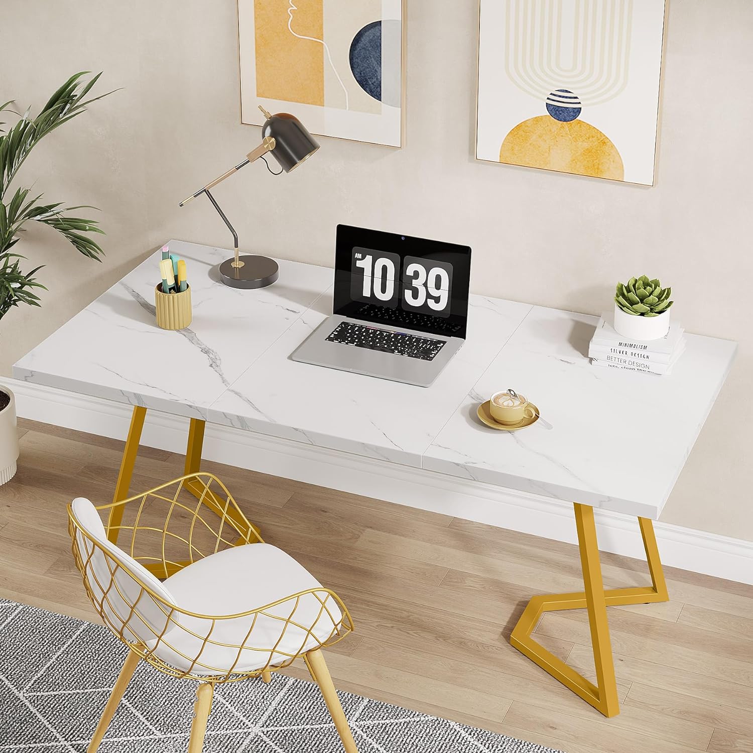 Finmind Modern Home Office Desk, Adult Study Writing Table with Metal Legs, White & Gold, 55.11