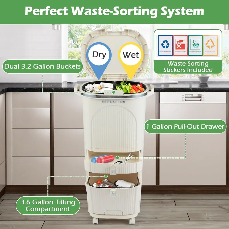 11-Gallon Kitchen Trash Can – Triple-Layer Design with Lid and Two Detachable Buckets