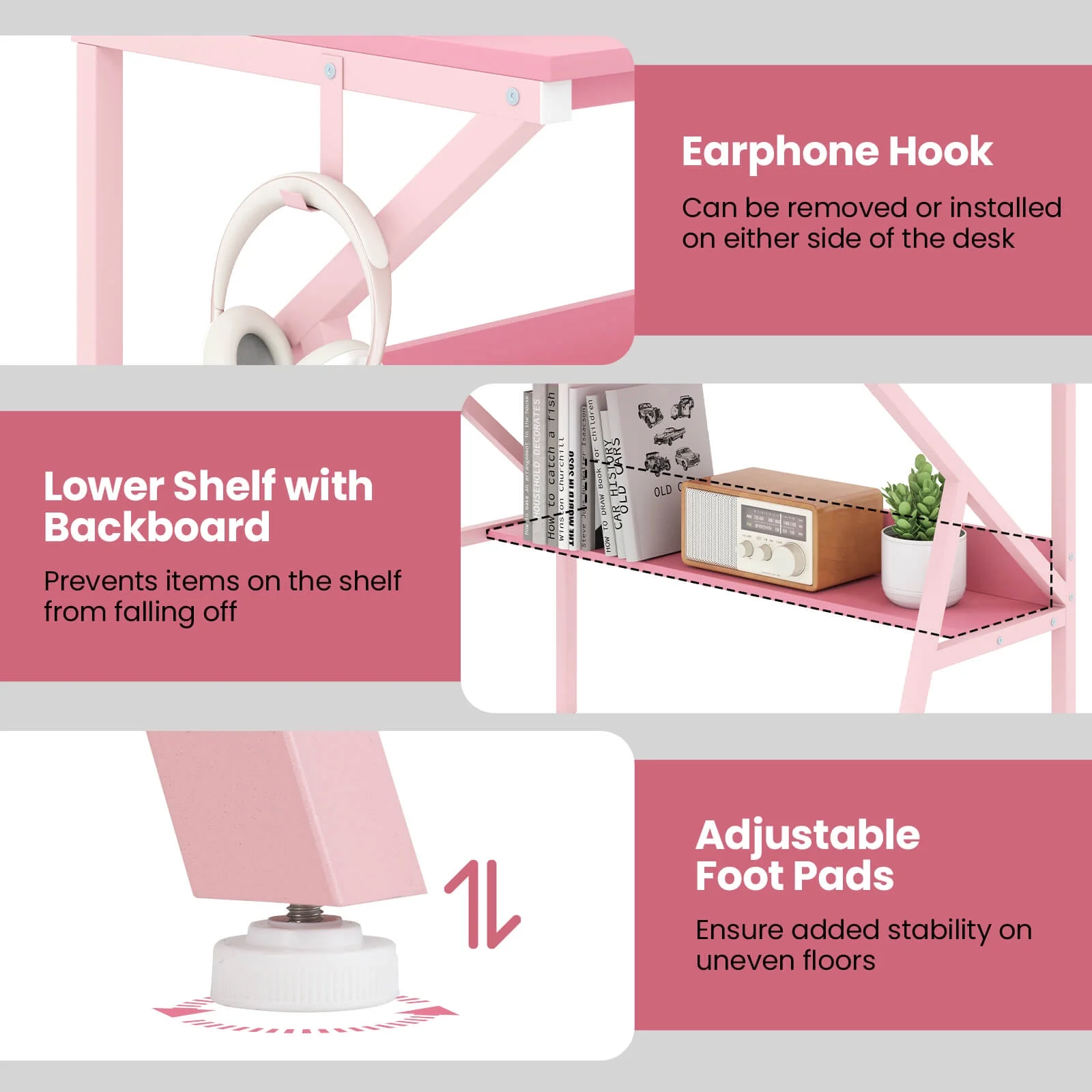 Costway Home Office Desk with Monitor Stand, Open Shelf & Metal Frame, Earphone Hook White