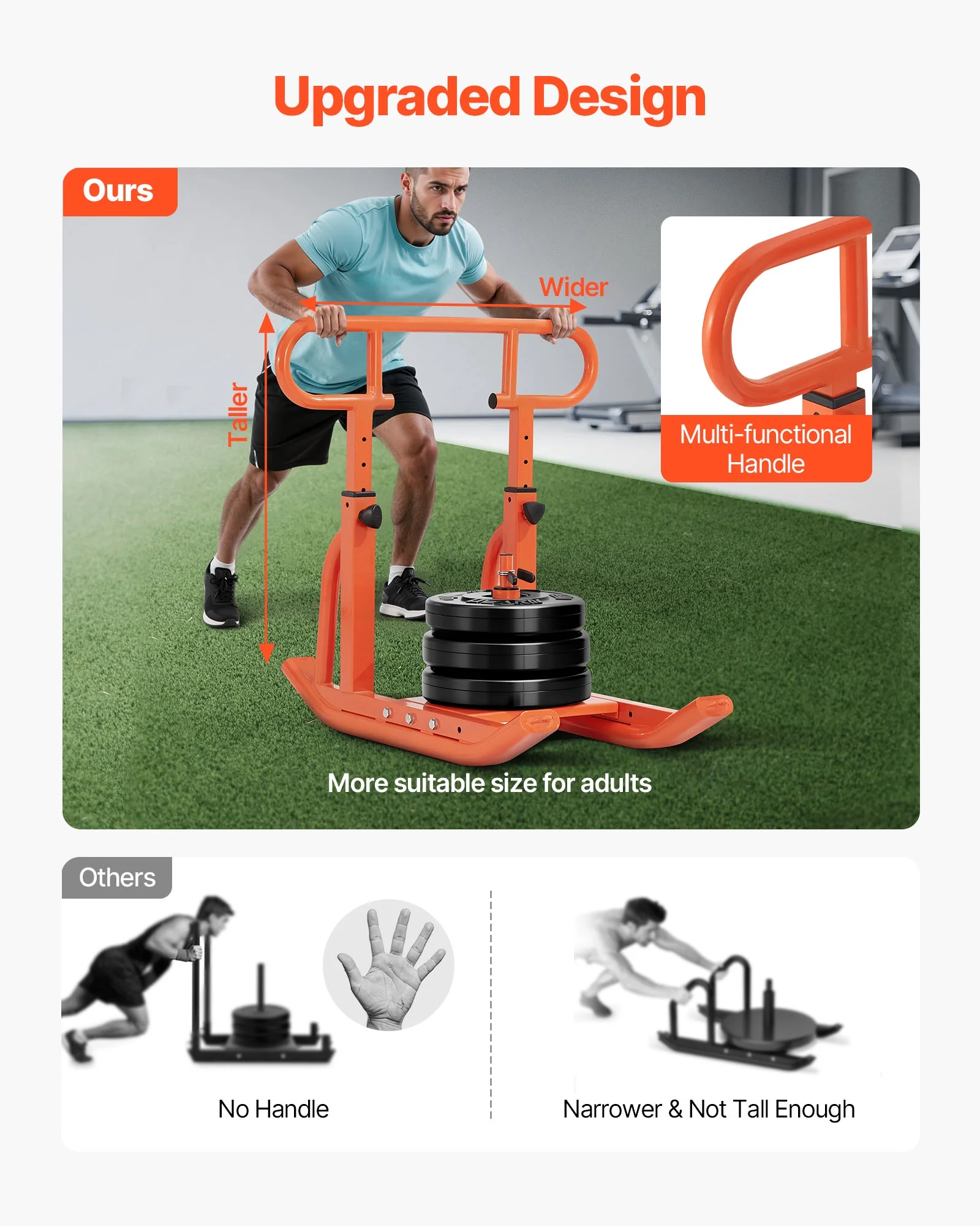 VEVOR Weight Sled, Steel Power Sled, Fitness Training Sleds for Athletic Exercise Speed Improvement, Workout Equipment with Adjustable Height Handle, Compatible with 1/2 in Weight Plates, Orange