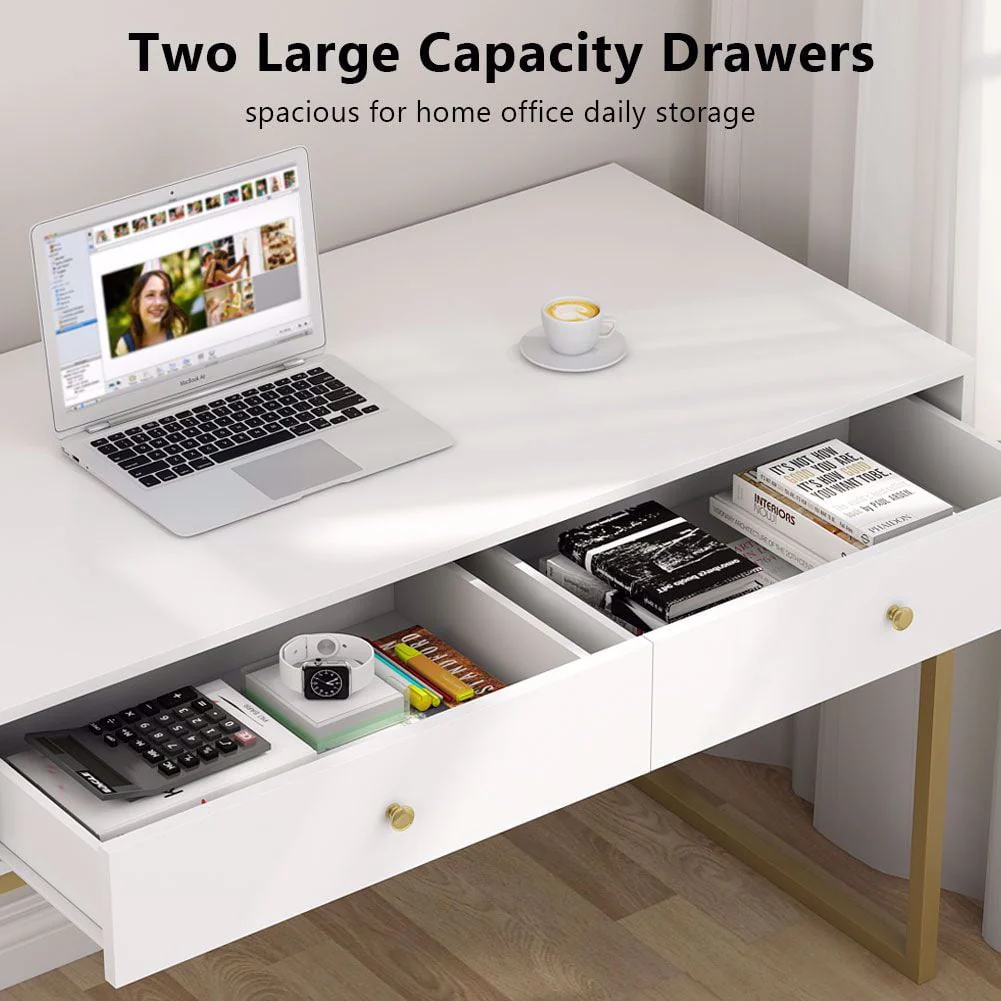 TribeSigns Computer Desk, Modern Simple 47 inch Home Office Desk Study Table Writing Desk with 2 Storage Drawers, Makeup Vanity Console Table, White and Gold