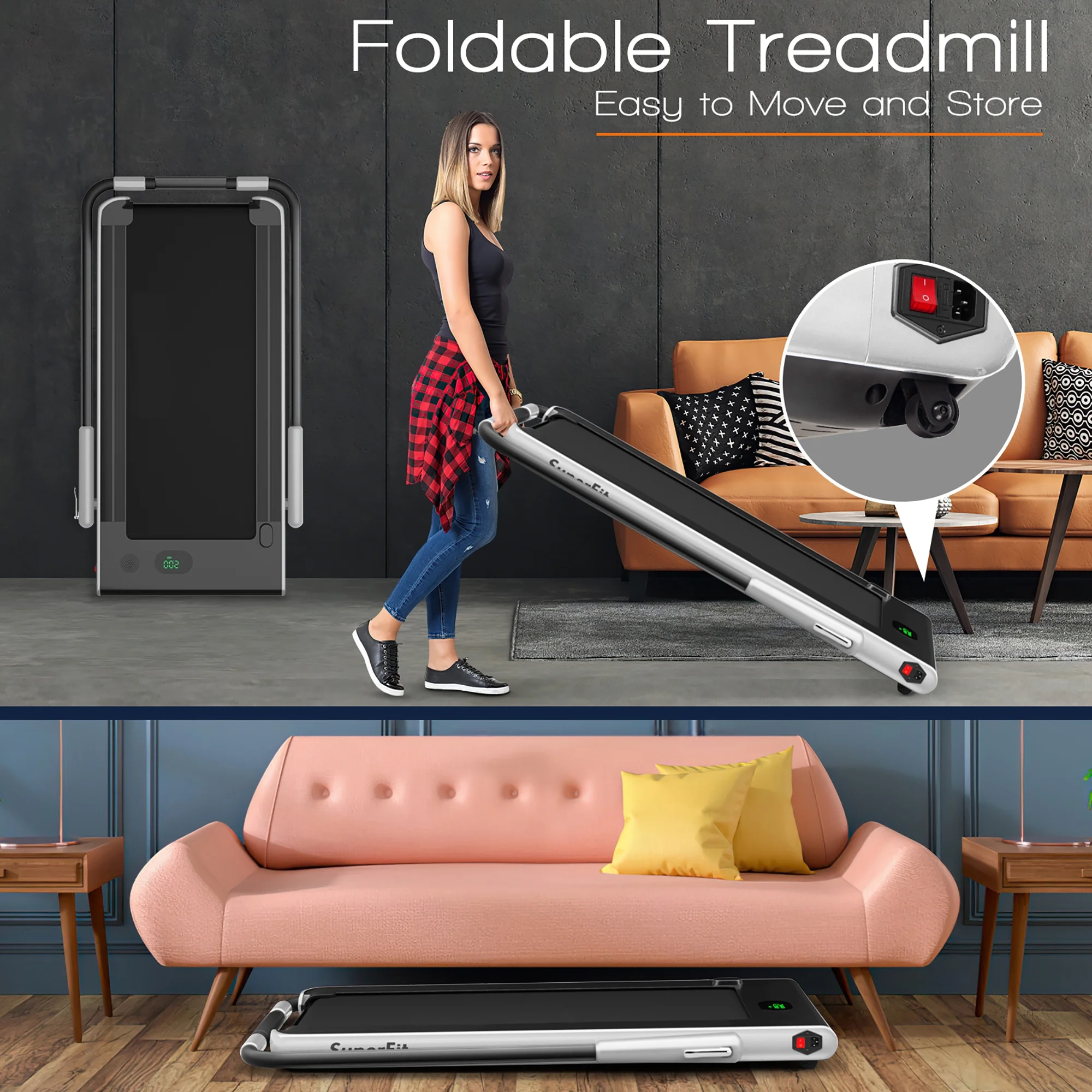 SuperFit Up To 7.5MPH 2.25HP 2-in-1 Folding Under Desk Treadmill W/Speaker Controller APP, Single Display Screen Silver