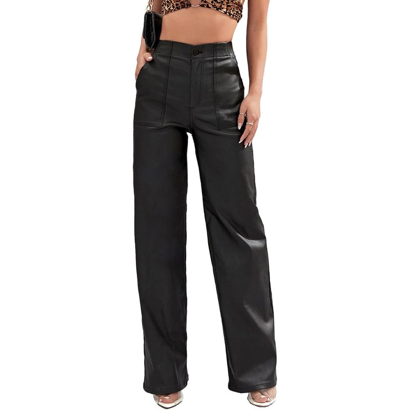 Leather Pants High Waist Coated PU Button Straight
