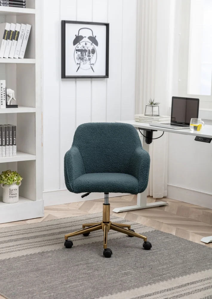 Modern Swivel Desk Chair, Teddy Fabric Home Office Task Chair Adjustable Swivel Mid-Back Cute Upholstered Accent Vanity Armchair with Gold Metal Legs and Universal Wheel for Home Office, Green