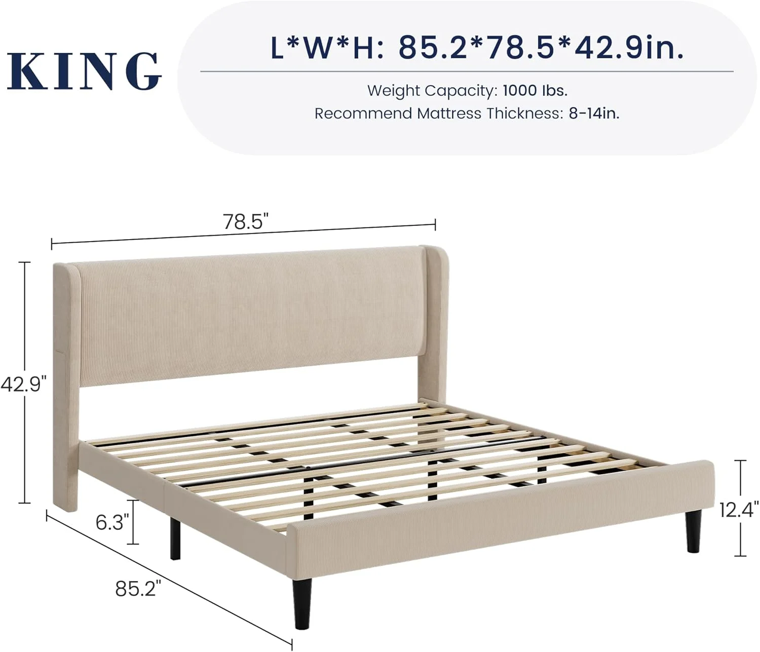 GAOMON King-Size Bed Frame With Upholstered Headboard - Wooden Slats, No Box Spring Required, Easy To Assemble, Beige
