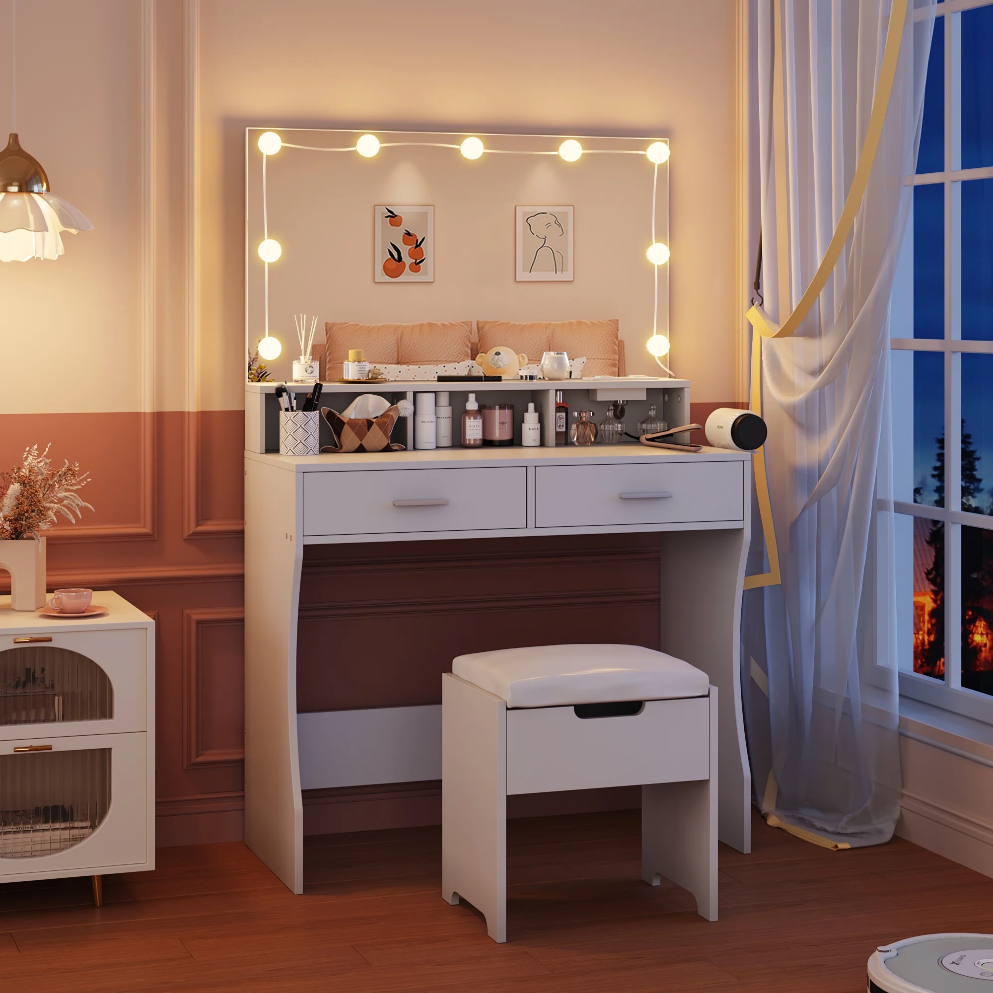 Modern Vanity Table Set with Lighted Mirror,Makeup Table with 2 Drawers & Power Strip,Dresser Desk for Girls, Women, White