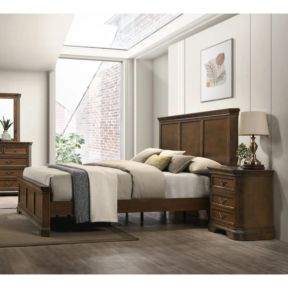 Maderne 3-Piece Bedroom Set with King Size Panel Bed and Two Nightstands, Antique Walnut Finish