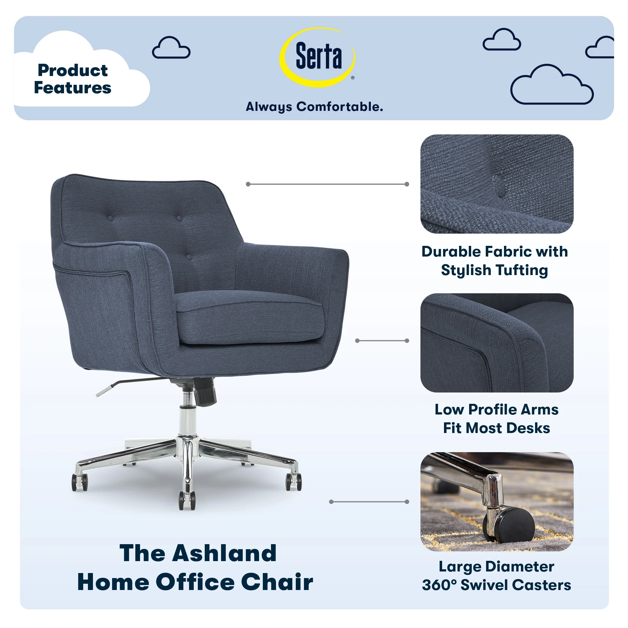 Serta Ashland Office Desk Chair, Button Tufted Mid-Back, Memory Foam Cushion, Chrome Swivel Base, Charcoal