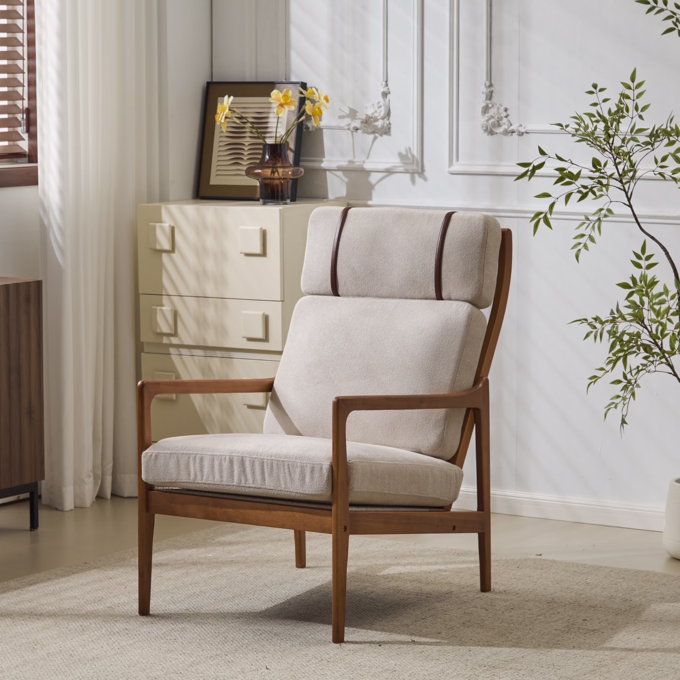 Christopher Knight Home Mid-Century Modern Accent Chair, Solid Wood Frame with High Back, Beige Cushions