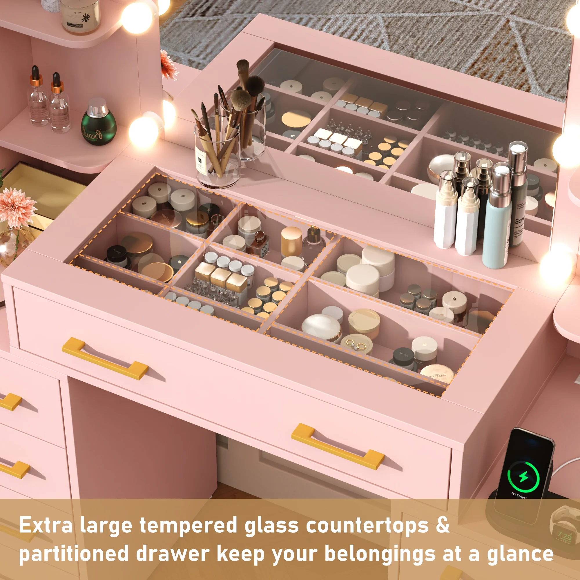 White Vanity Desk with Mirror & LED Lights, Glass Top Vanity Desk with Charging Station & Compartment Storage Drawers, 43