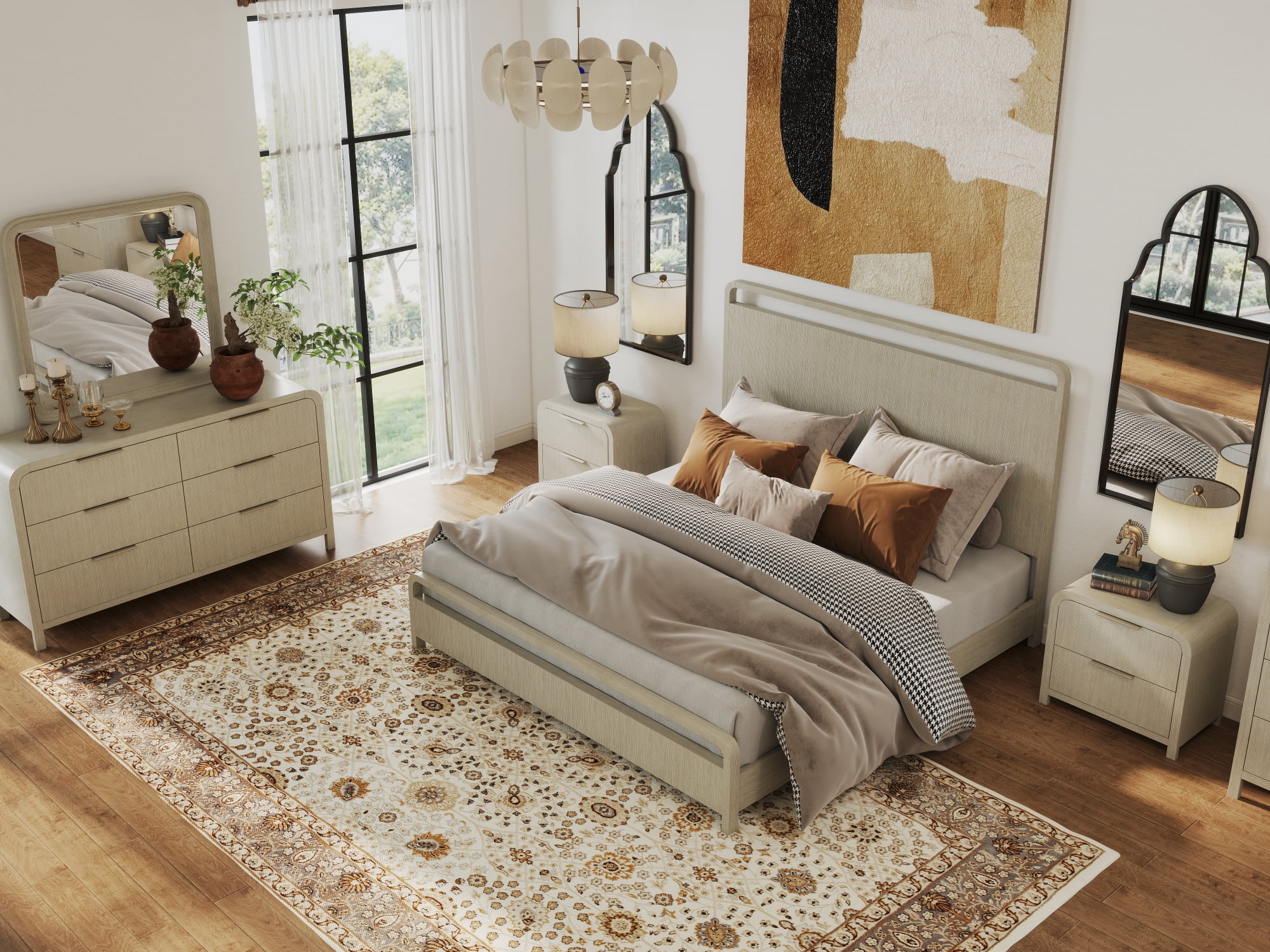 Roundhill Furniture Tavari 6-Piece Bedroom Set with Panel Bed, Dresser, Mirror, Two Nightstands, and Chest in Light Gray, King Size