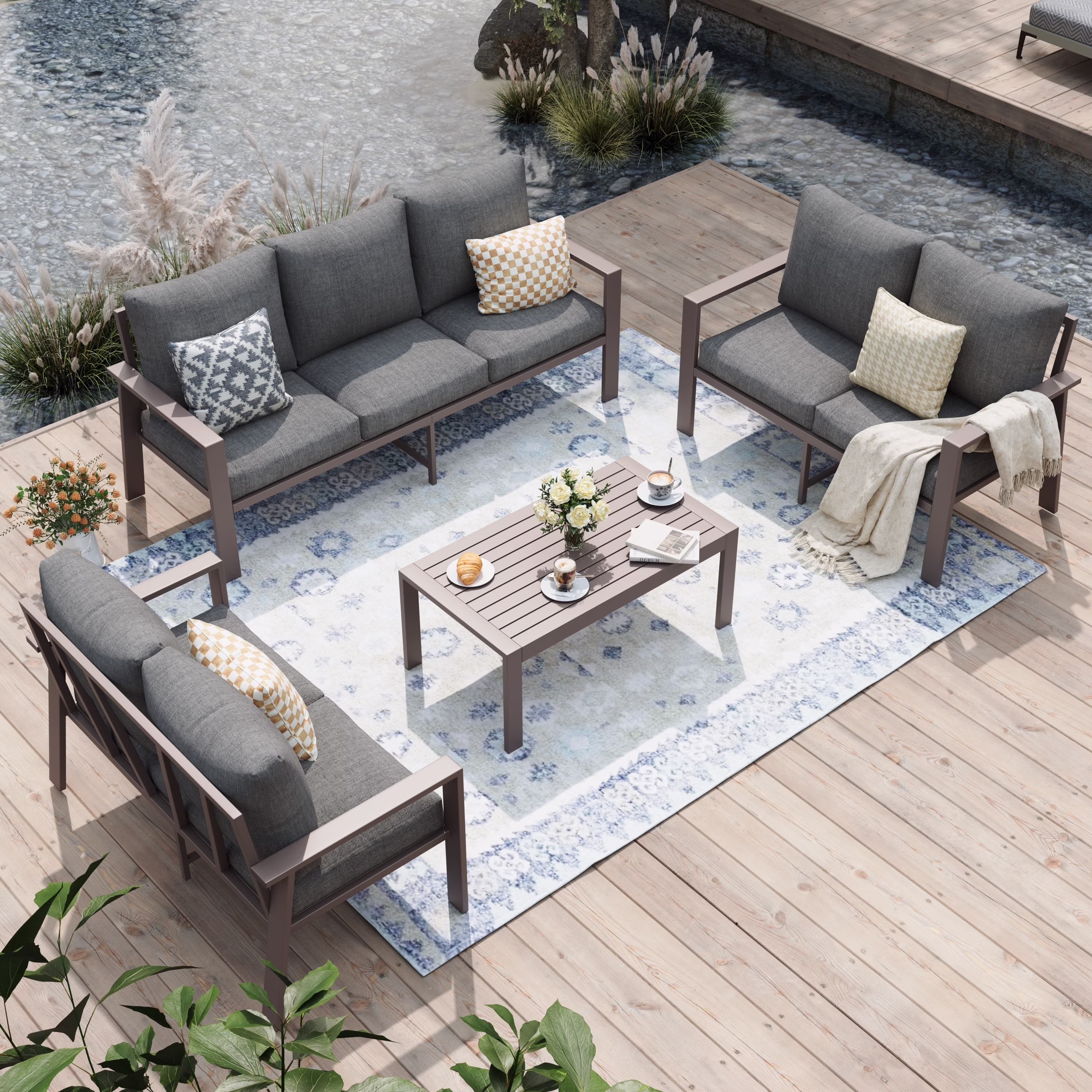 POTEBAN Aluminum Patio Furniture Set, Modern Metal Outdoor Sectional Sofa, Patio Conversation Sets with Side Table for Poolside, courtyard,Blue