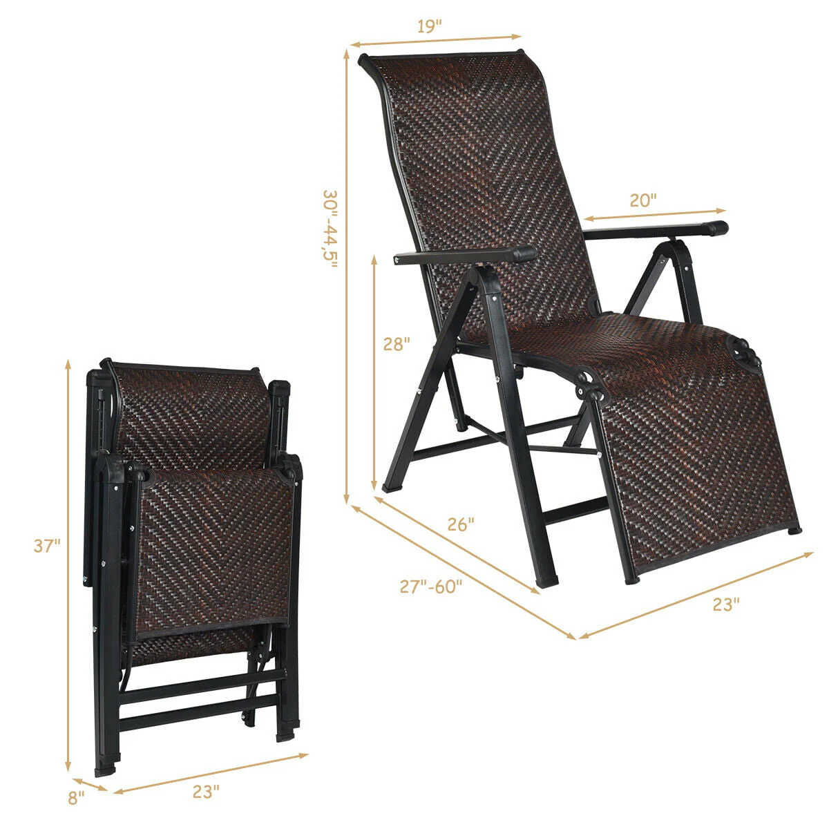 Gymax 2PCS Patio Rattan Folding Lounge Chair Recliner Back Adjustable Beach Yard Pool