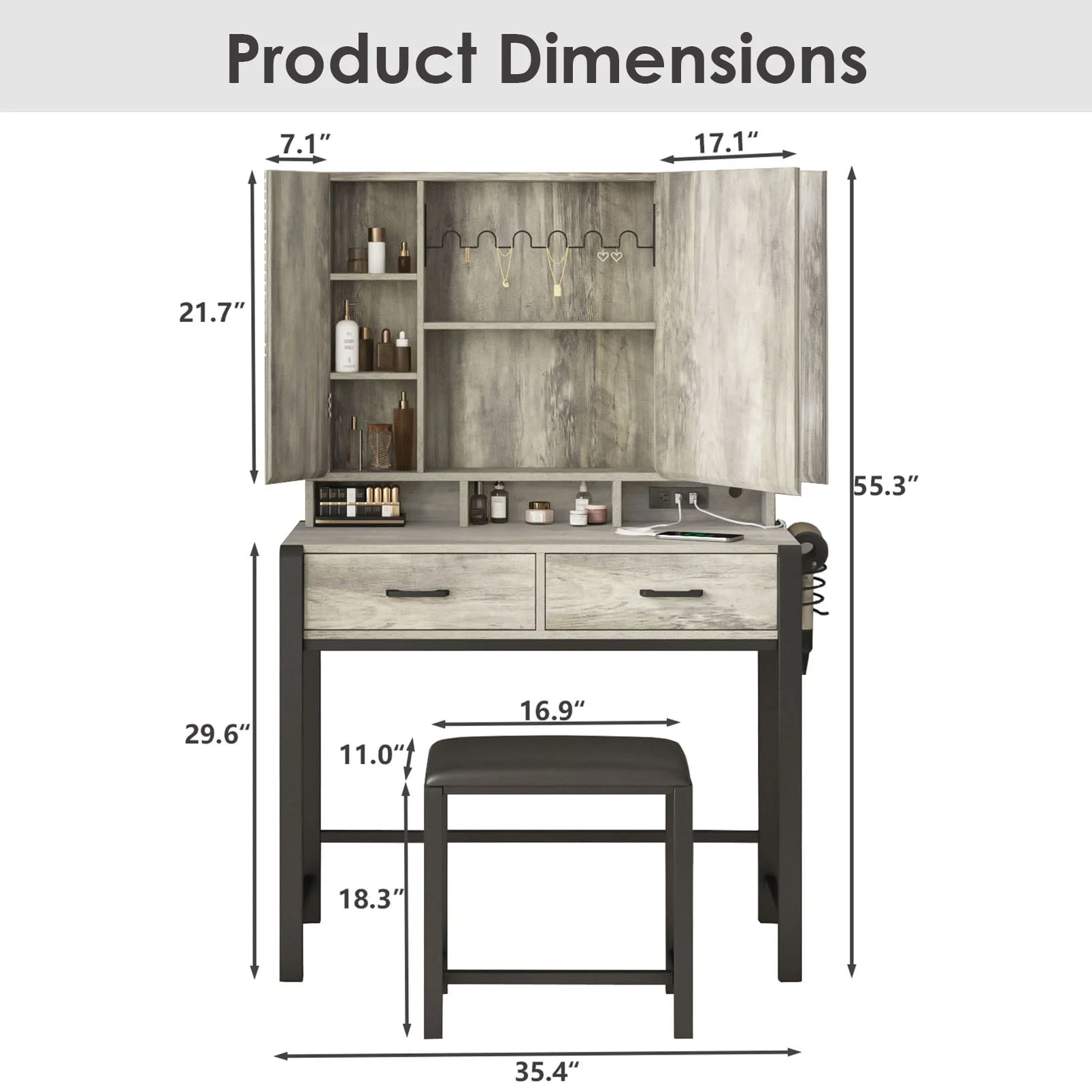 35.4in Makeup Vanity Desk with LED Lighted Mirror and Power Strip, Tri-Fold Mirror Makeup Table with Hair Dryer Rack,2 Drawers Vanity Set with Hidden Storage Shelves,3 Color Lighting Modes