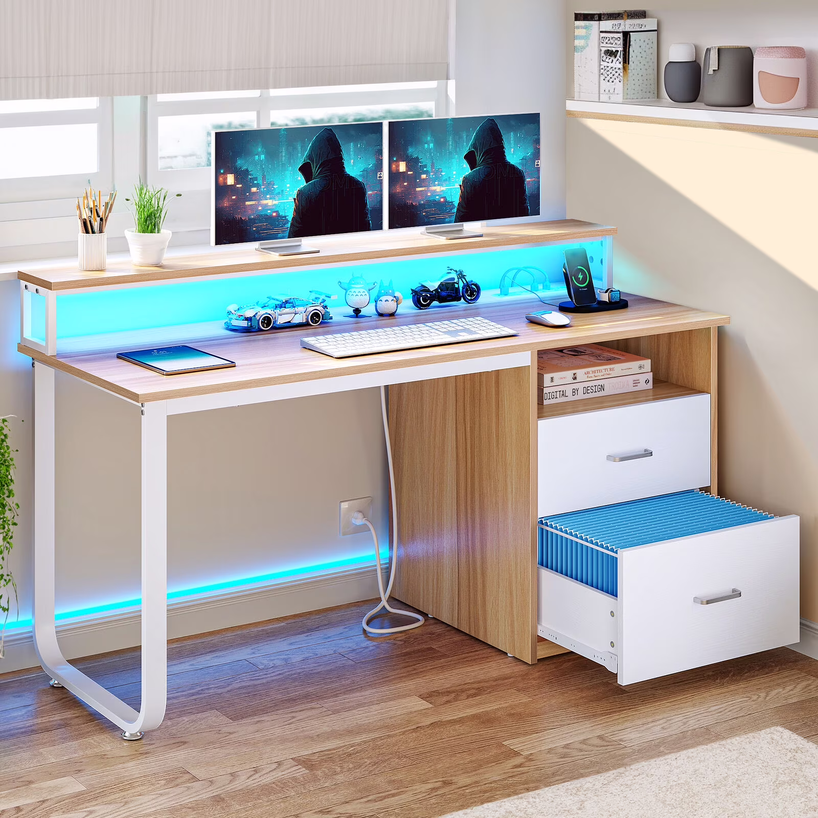 TDUKDB 47/55   Inch Home Office LED Computer Desk with File Drawer and Power Outlets. Ideal for Home Office  Study  Stable Design, Stylish  Simple-inch-Brown  White