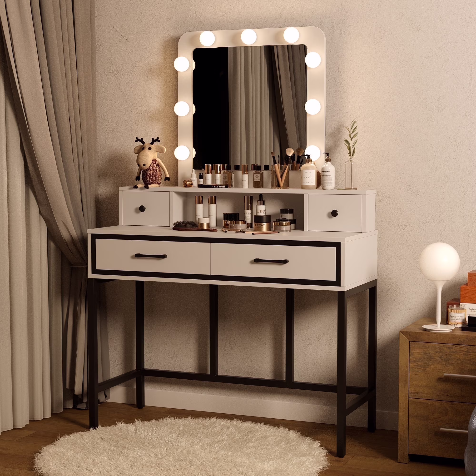Heynemo Makeup Vanity with 3 Color Dimmable Lighted Hollywood Mirror, Vanity Table with 4 Drawers for Women Girls, Dressing Desk for Bedroom, Beauty Room, Brown