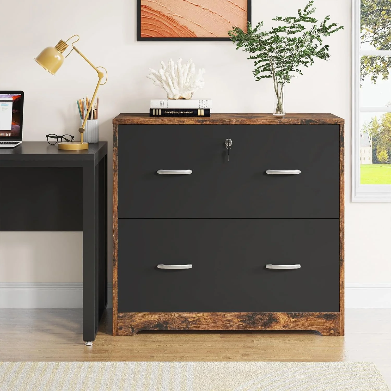 Tribesigns 2-Drawer Lateral File Cabinet for Hanging Letter/Legal/F4/A4 Size Files, White Wood Filing Cabinet with Lock
