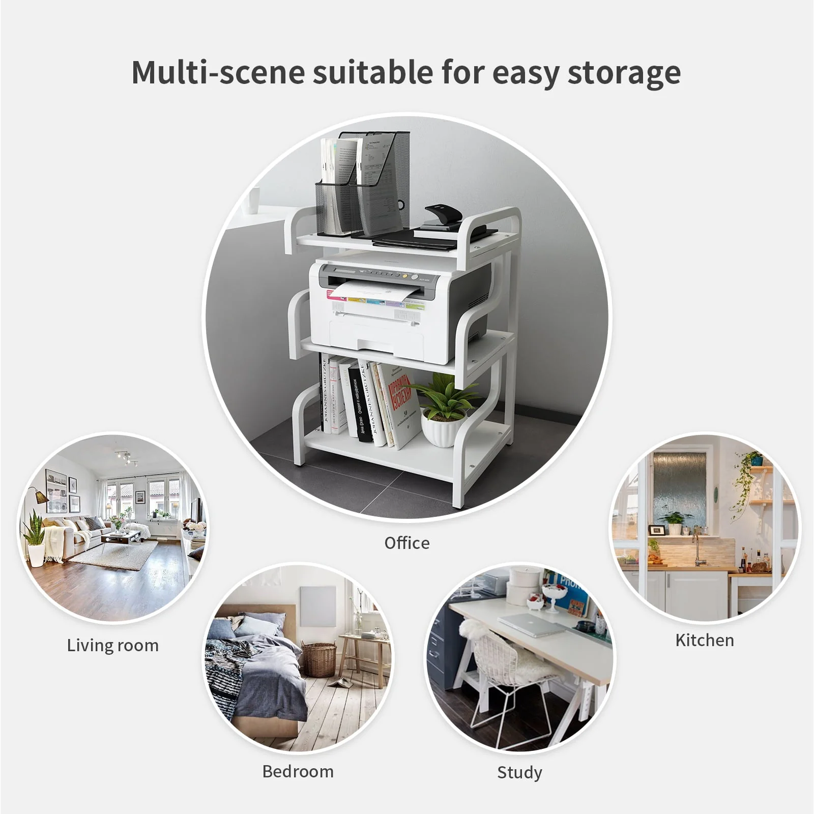 Natwind 3-Tier Printer Stand with Wheels Movable Storage Cart Floor-Standing Printer Cart Multi-Purpose Shelf Rack for Media Player (White)