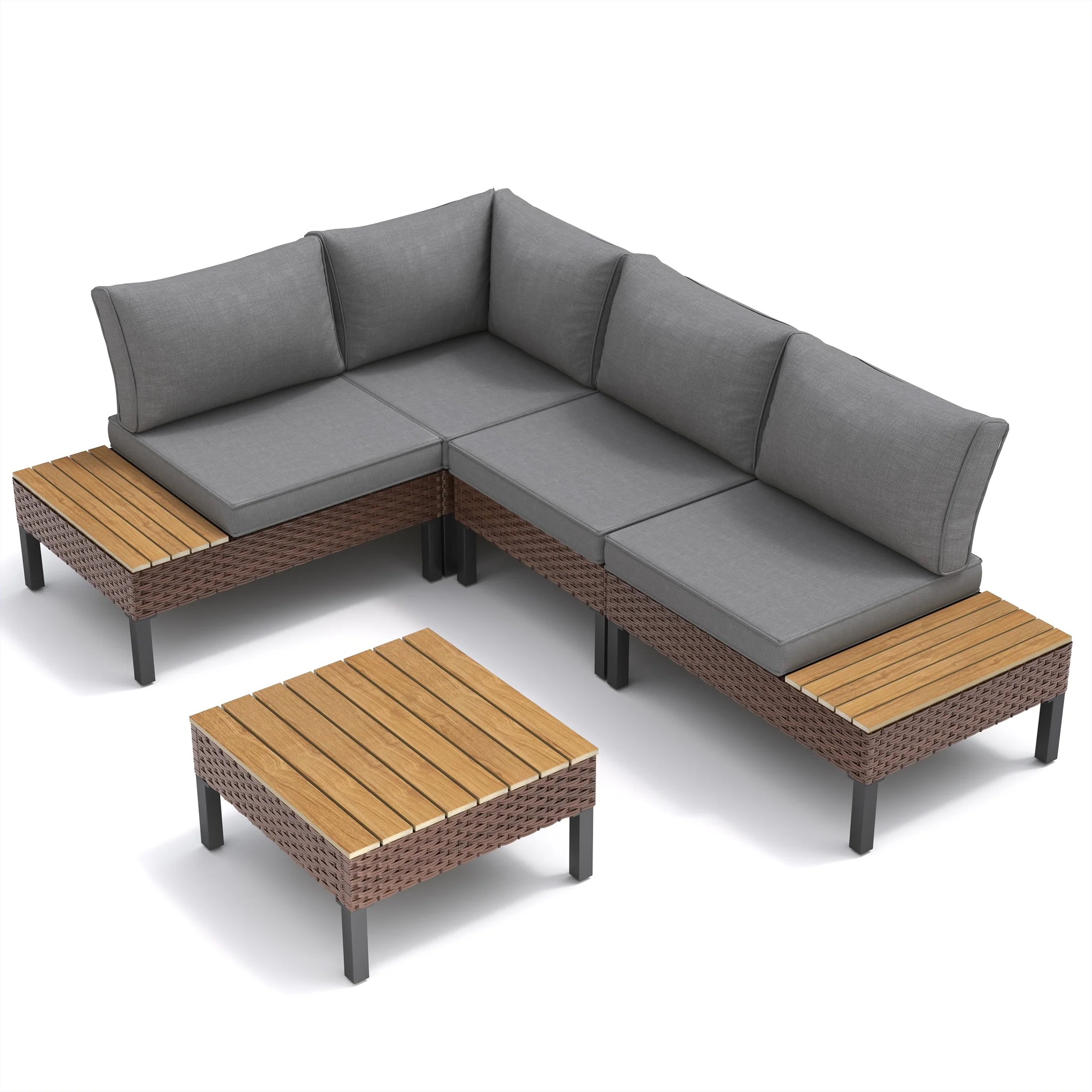 Poteban 5-piece Rattan Outdoor Patio Sofa Set,L-Shaped Sectional Sofa Couch with Coffee Table for Backyard,Lawn,Garden,Navy Blue