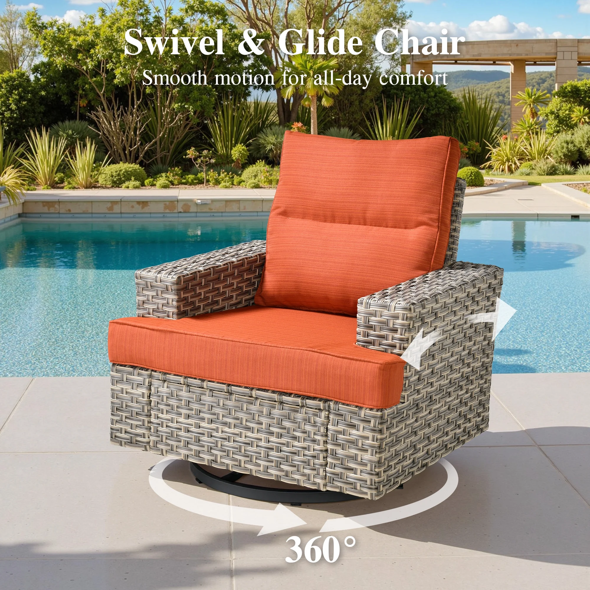 Ovios 10 Pieces Outdoor Patio Furniture Modern High-Back All-Weather Wicker Sectional Conversation Set with Propane Fire Pit Table & Swivel Chair, Dark Gray