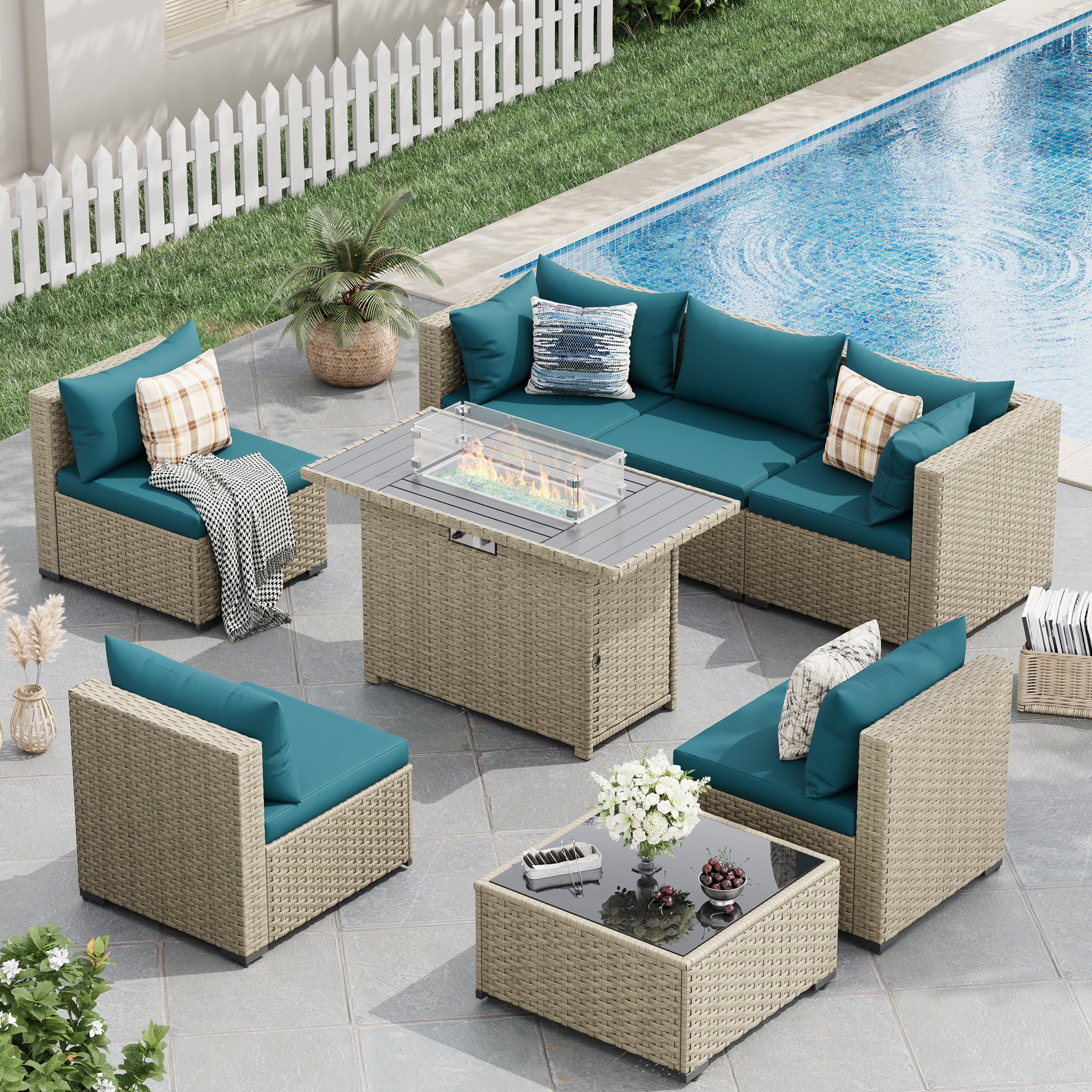 POTEBAN 7 Pieces Outdoor Patio Furniture Set, Grey Rattan Wicker Outdoor Conversation Sectional Sofa Set with Cushions for Backyard, Green