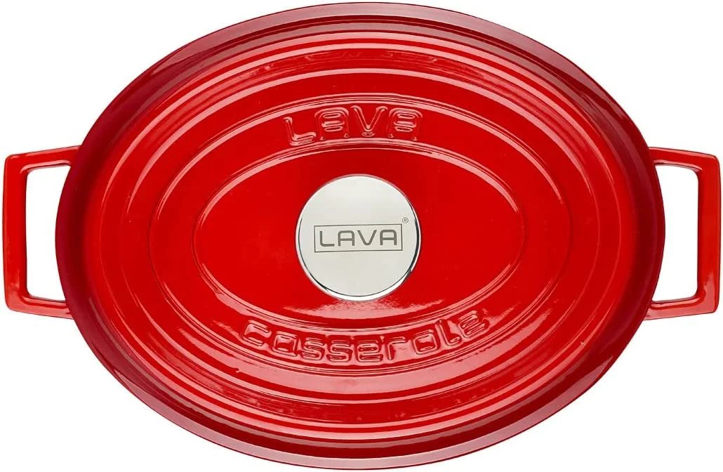 LAVA 6.75 Quarts Cast Iron Dutch Oven: Multipurpose Stylish Oval Shape Dutch Oven Pot with Three Layers of Enamel Coated with Trendy Lid (Blue)