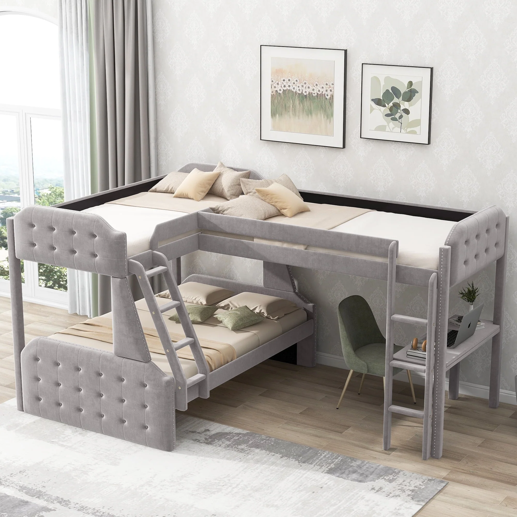 EUROCO Upholstery L-Shaped Twin over Full Bunk Bed and Twin Loft Bed with Desk for Kids Bedroom, Gray