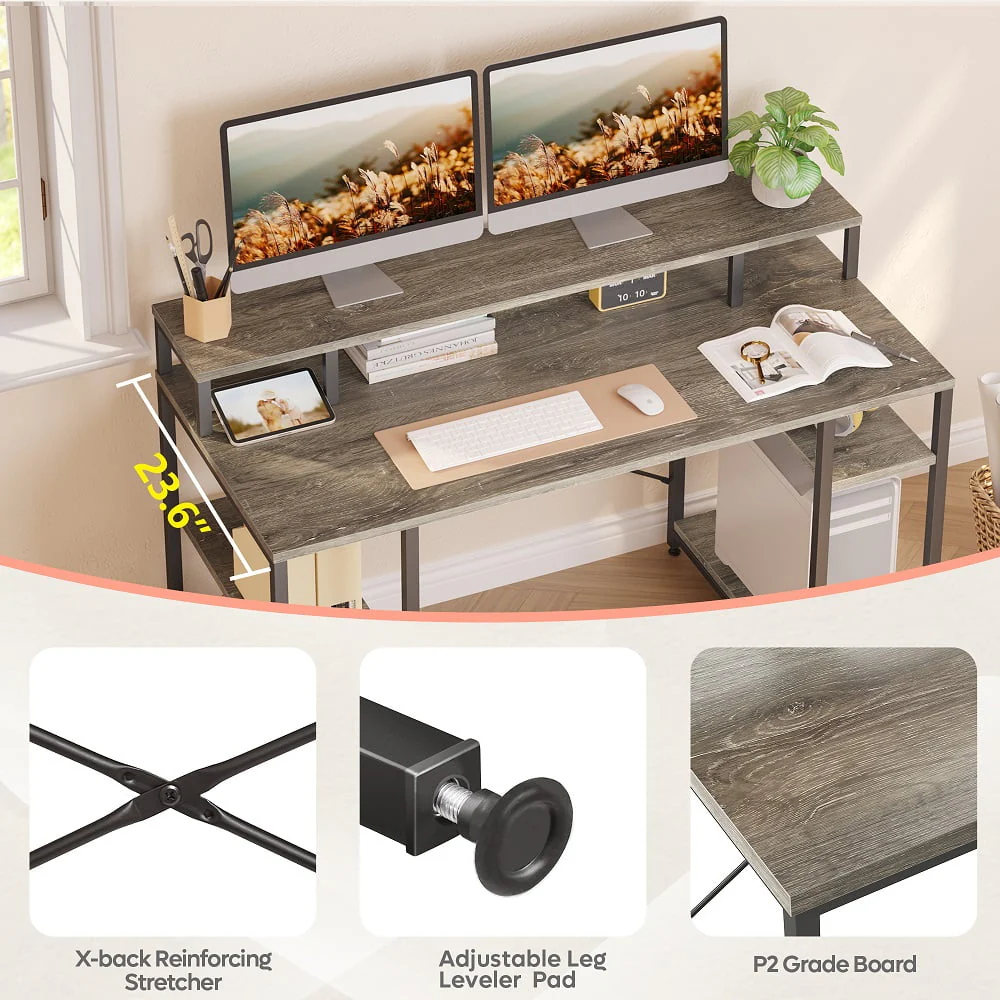 Bestier 55 inch Computer Desk with Monitor Shelf Home Office Desk Grey