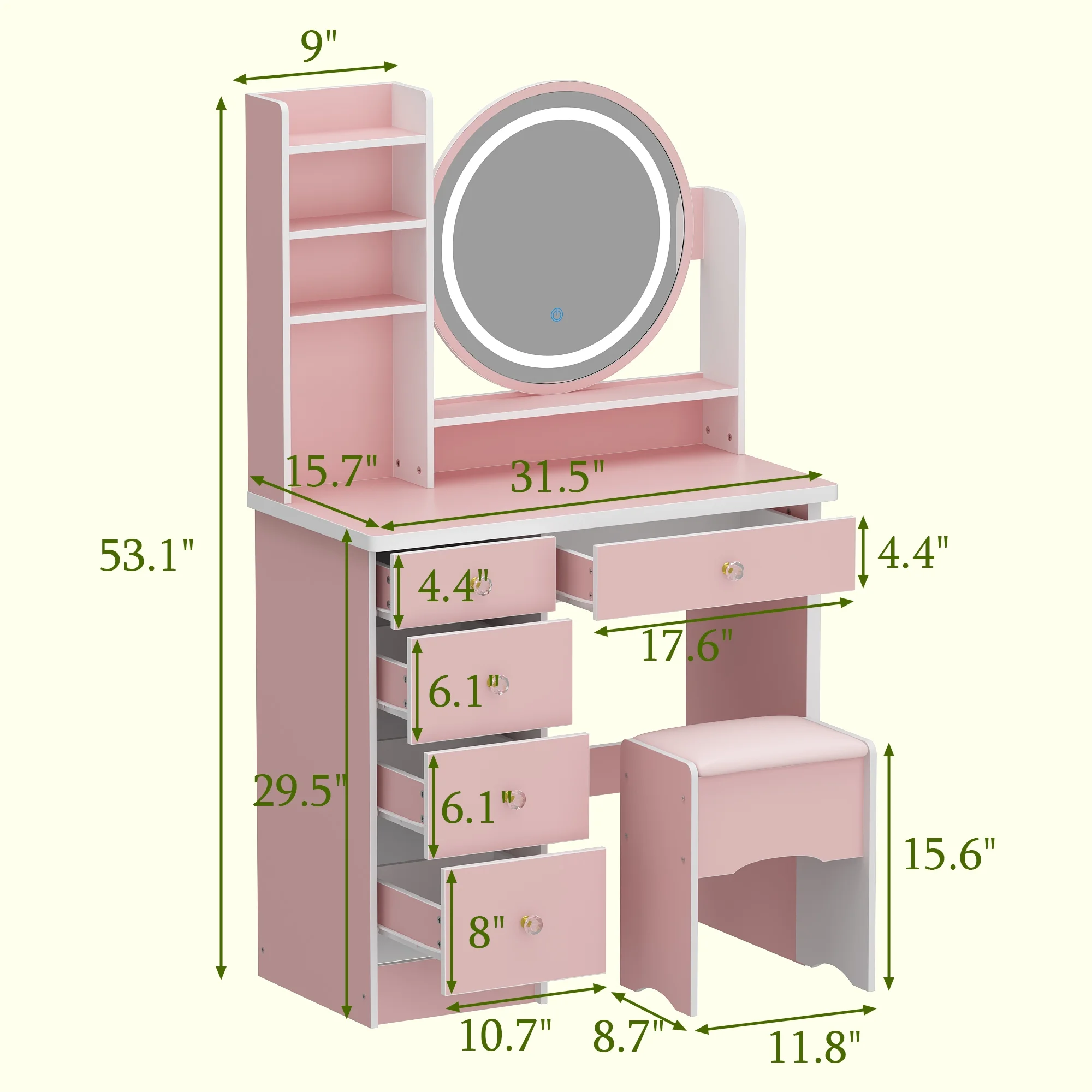 KULAGAGA Vanity Table Set with Light Mirror, Makeup Table with 3 Storage Shelves & 5 Drawers, Dressing Vanity Tables with , Dresser Desk for Girls, Women, White