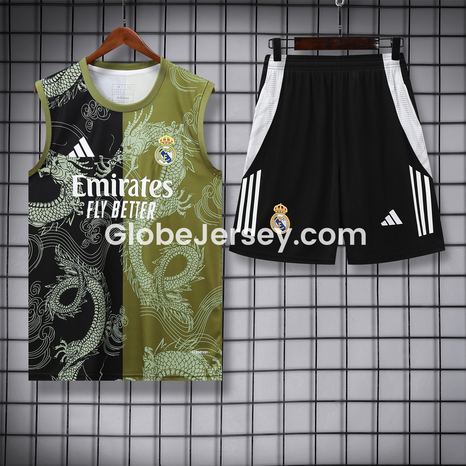 Real Madrid 25-26 Vest Training Set - Green-Black Dragon Vest & Black-White Shorts