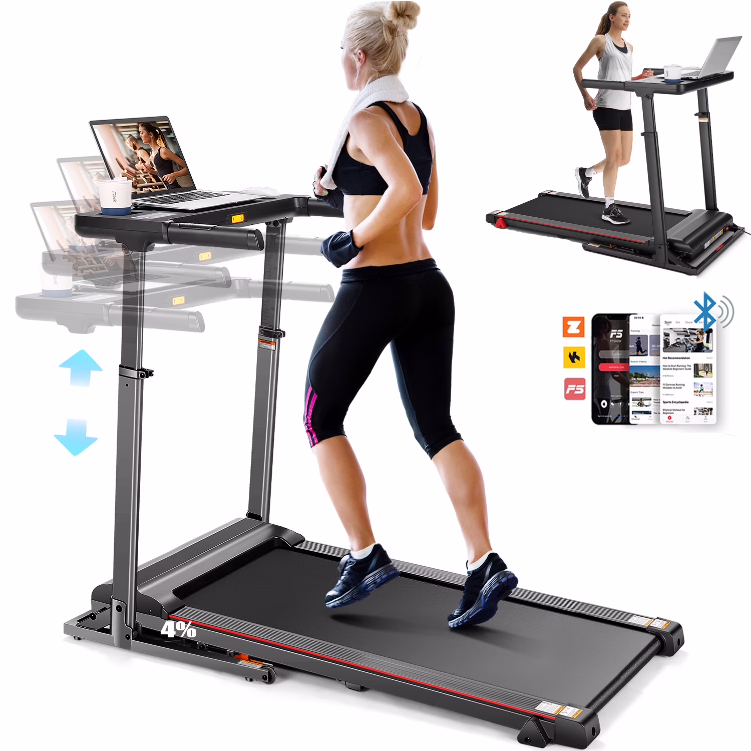 Simpfree Treadmill with Height-Adjustable Desk, 300LBS Folding Treadmill with Incline\App\Bluetooth Speakers\LED Monitor\64 Programs for Home, 0.6-7.5MPH/h