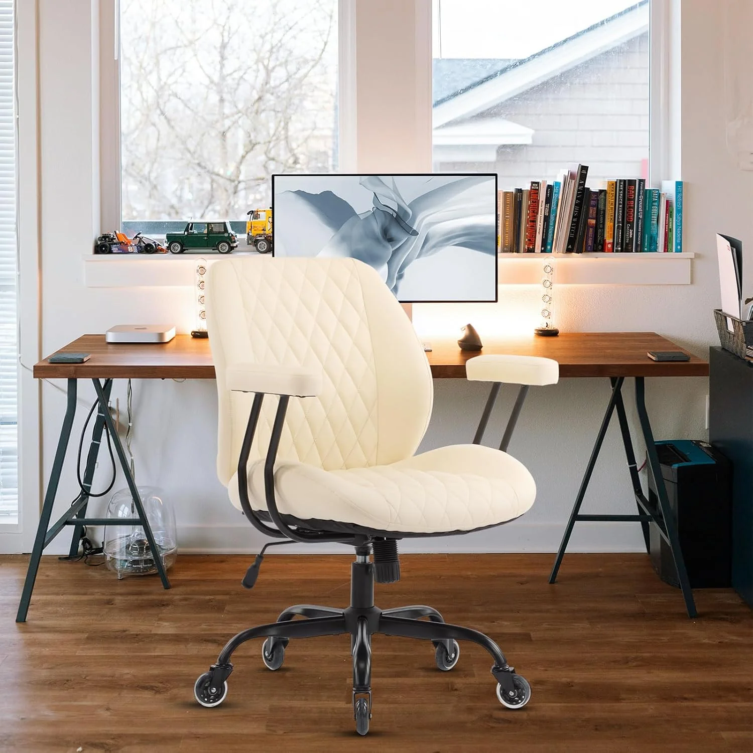 QW Home Office Desk Chair Office Rubber Casters Ergonomic Computer Chair with Lumbar Support Adjustable Height Rolling Swivel Executive Task Armrests Chair??? Brown Leather