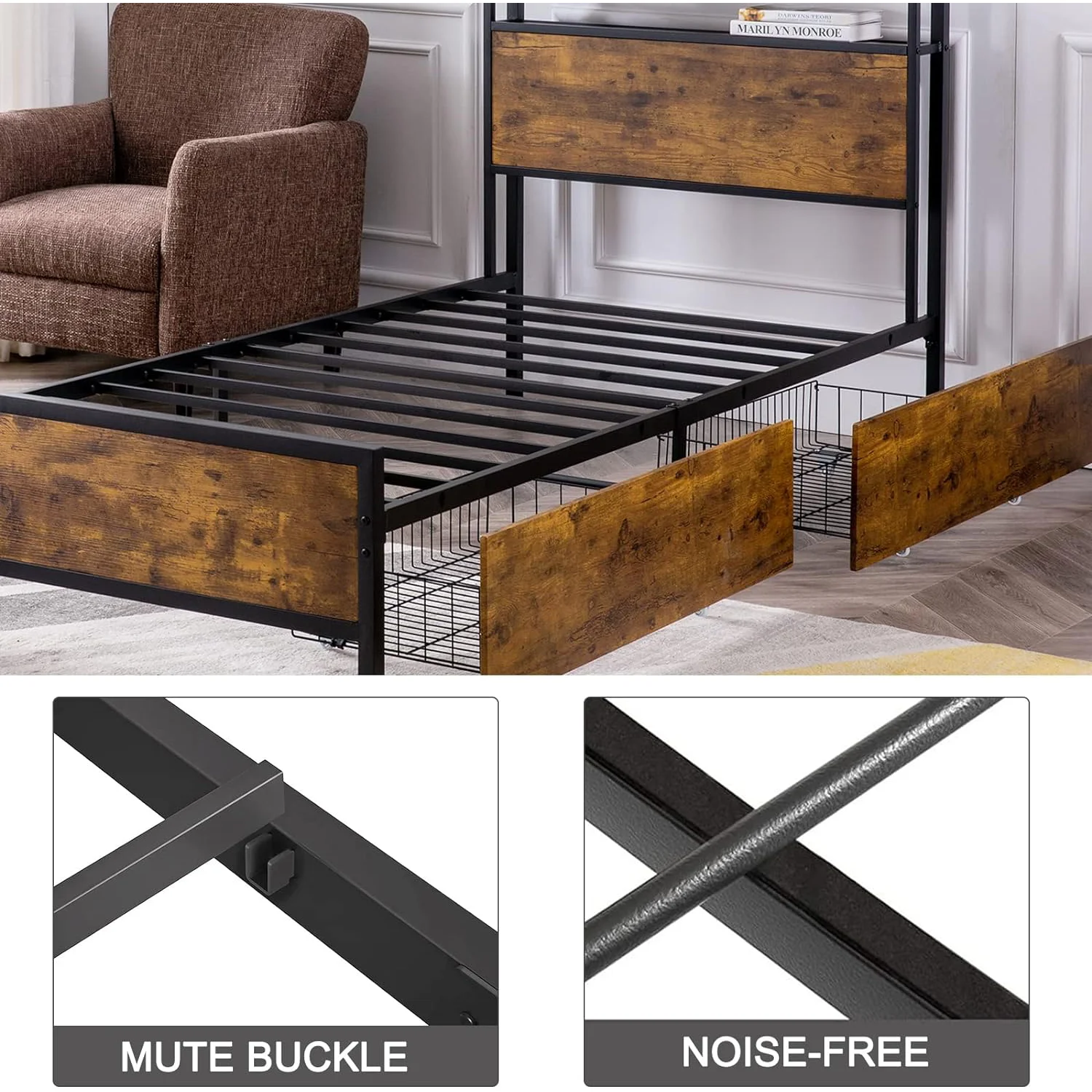 GAZHOME Twin XL Platform Bed Frame with 2 Storage Drawers & Tier Headboard, No Box Spring Required