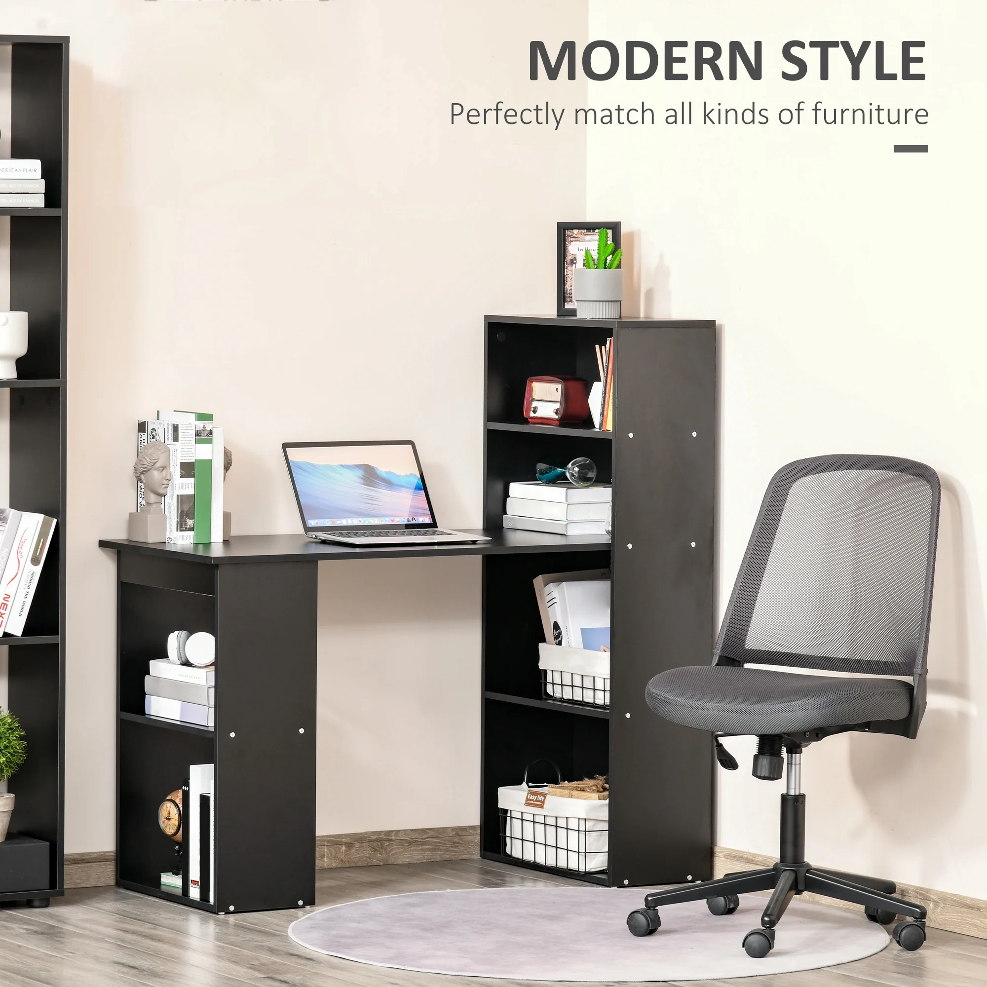 HOMCOM Modern Compact Computer Desk with 6-Tier Storage Shelves, Writing Table Workstation with Bookshelf for Home Office, Gray