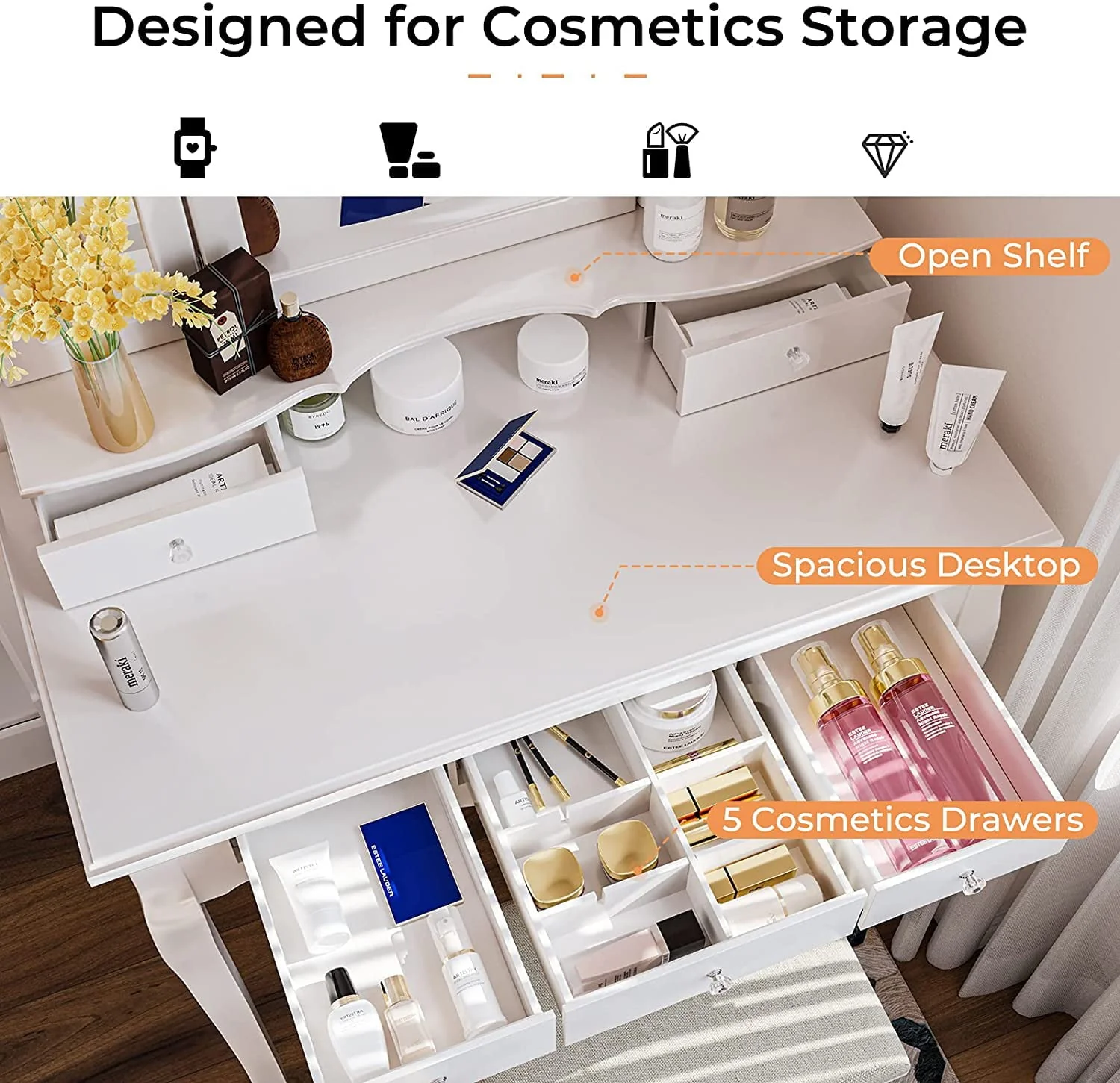 Makeup Vanity Set Desk Table with with Lights & Tri-Folding Mirror,Dressing Table with Cushion Stool & 5 Drawers, White