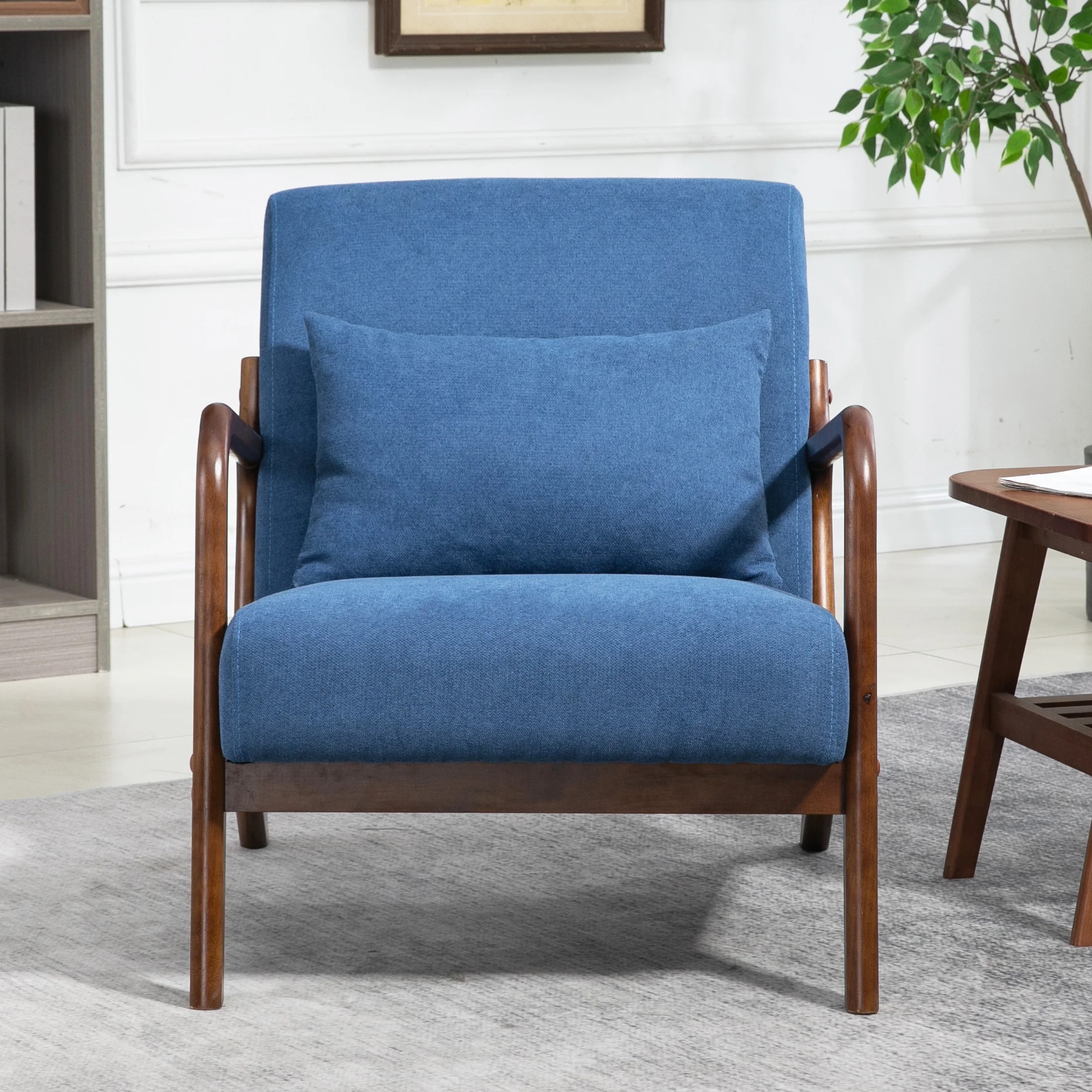 PORKISS Mid-Century Accent Chair, Velvet Upholstered Arm Chair with Wood Frame and Waist Cushion, Modern Armchair, Reading Chair for Living Room, Bedroom, Sunroom,Blue