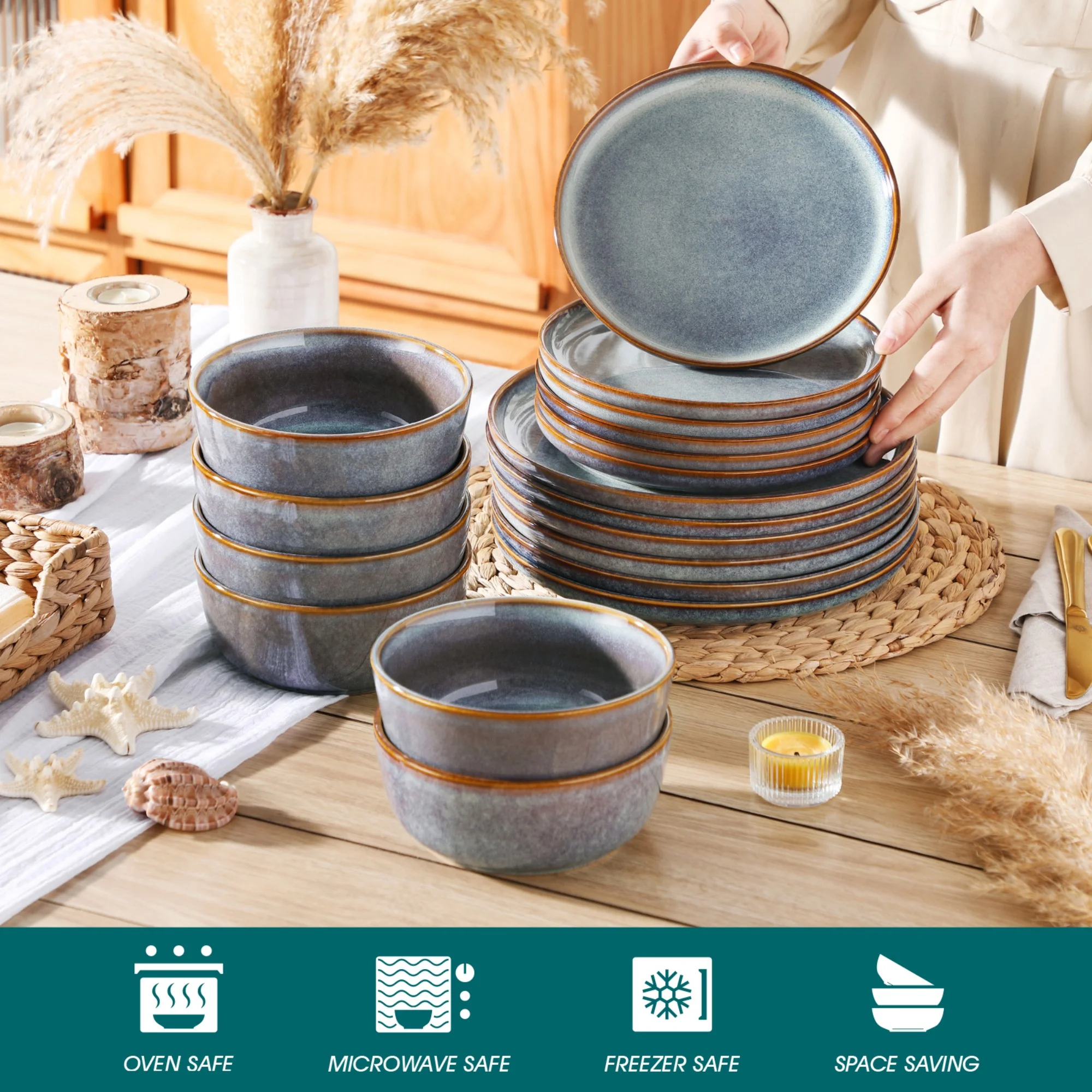 Malacasa 24 Pcs Dinnerware Sets, Stoneware Plates and Bowls Set, Tableware Dishwasher Microwave Safe, Serves For 6 people, Brown